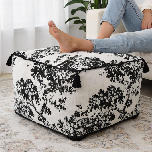 Square Pouf Ottoman Foot Stool with Tassels - Soft Chenille for Living Room & Office - Foot Rest, Home Decor & Removable Cover - Modern Black White Tree Design - 19.7" x 11.8"