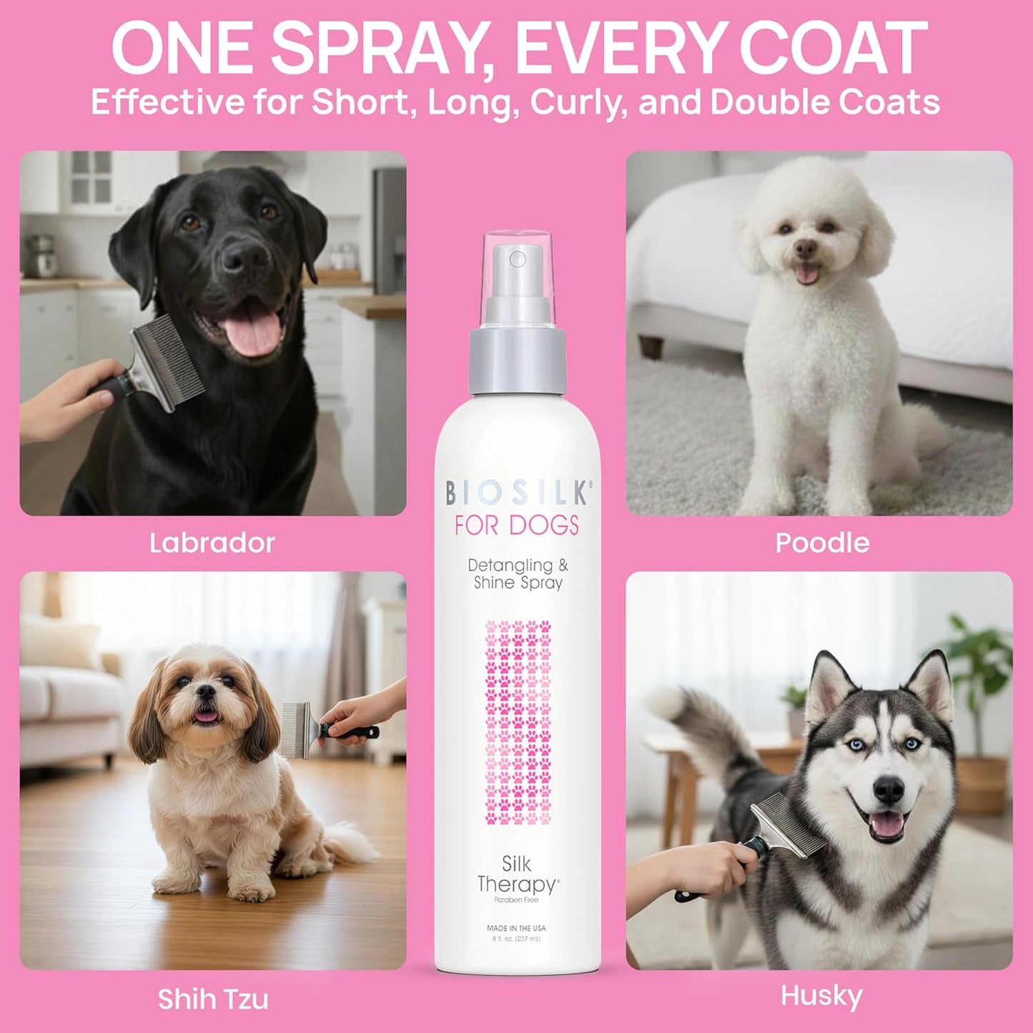 BioSilk for Dogs Detangling Spray with Shine Support, Lightweight Leave In Grooming Mist that Helps Smooth Coats, Detangle, and Add Shine Without Buildup, 8 Fl Oz