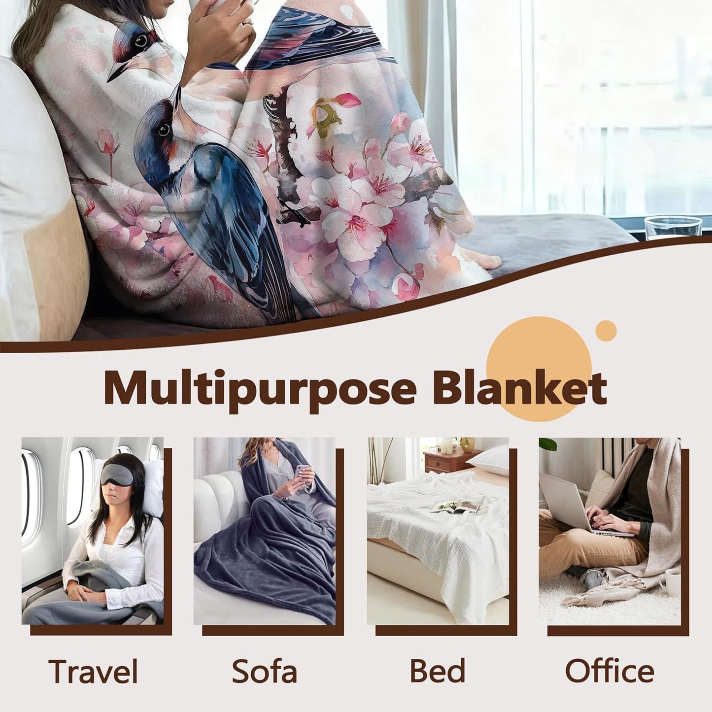 Cute Birds Fall Throw Blanket,Spring Flowers Cozy Plush Fluffy Blanket for Living Room Decor,Lightweight Fleece Throws for Couch,Bed,Traveling,Naps,Reading,50 X 60 Inch