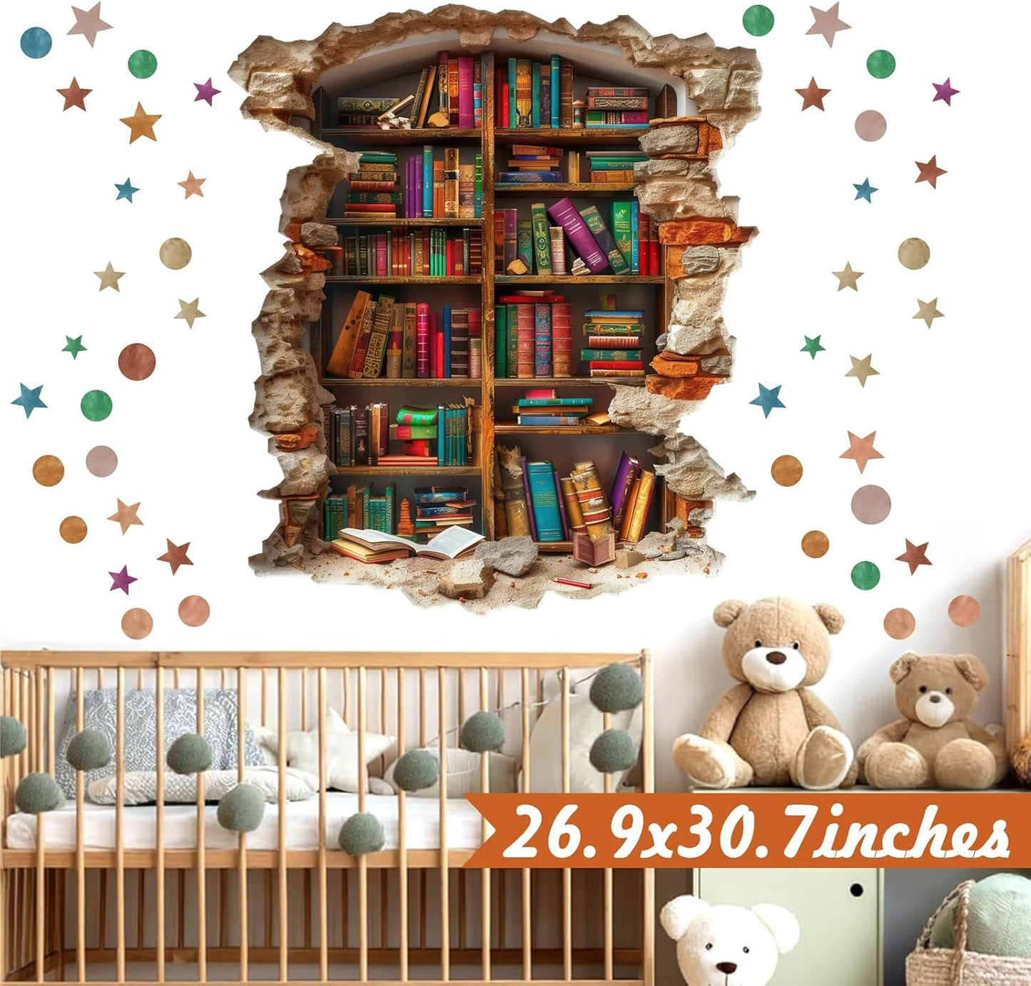 Large Vintage Book Wall Stickers 3D Broken Wall Decals Peel and Stick Reading Room Art Murals Read Signs Vinyl Decal Bookshelf Art Decorations DIY Walls Sticker for School Library Classroom Home Decor