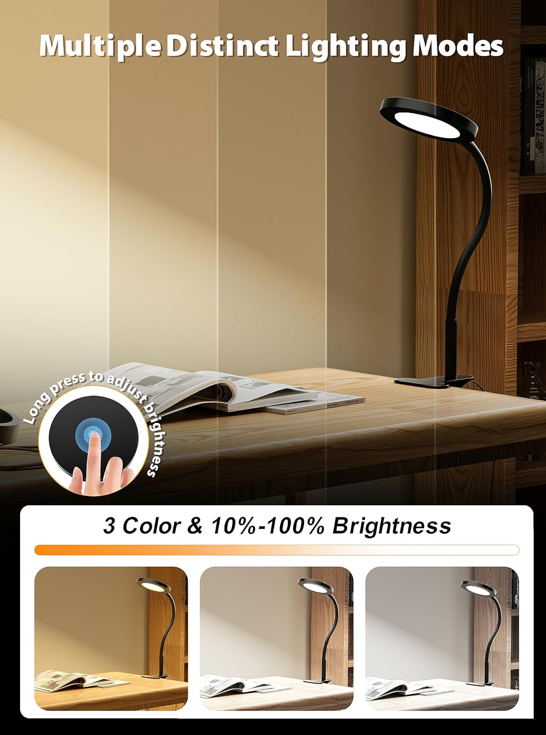 Clip on Light Infinite Dimmable Reading Lights for Books in Bed Headboard, 450LM Touch Control Clip Reading Lamp, Eye Care 3 Color Temperature Flexible Head Rotation for Bedside Night Light Black