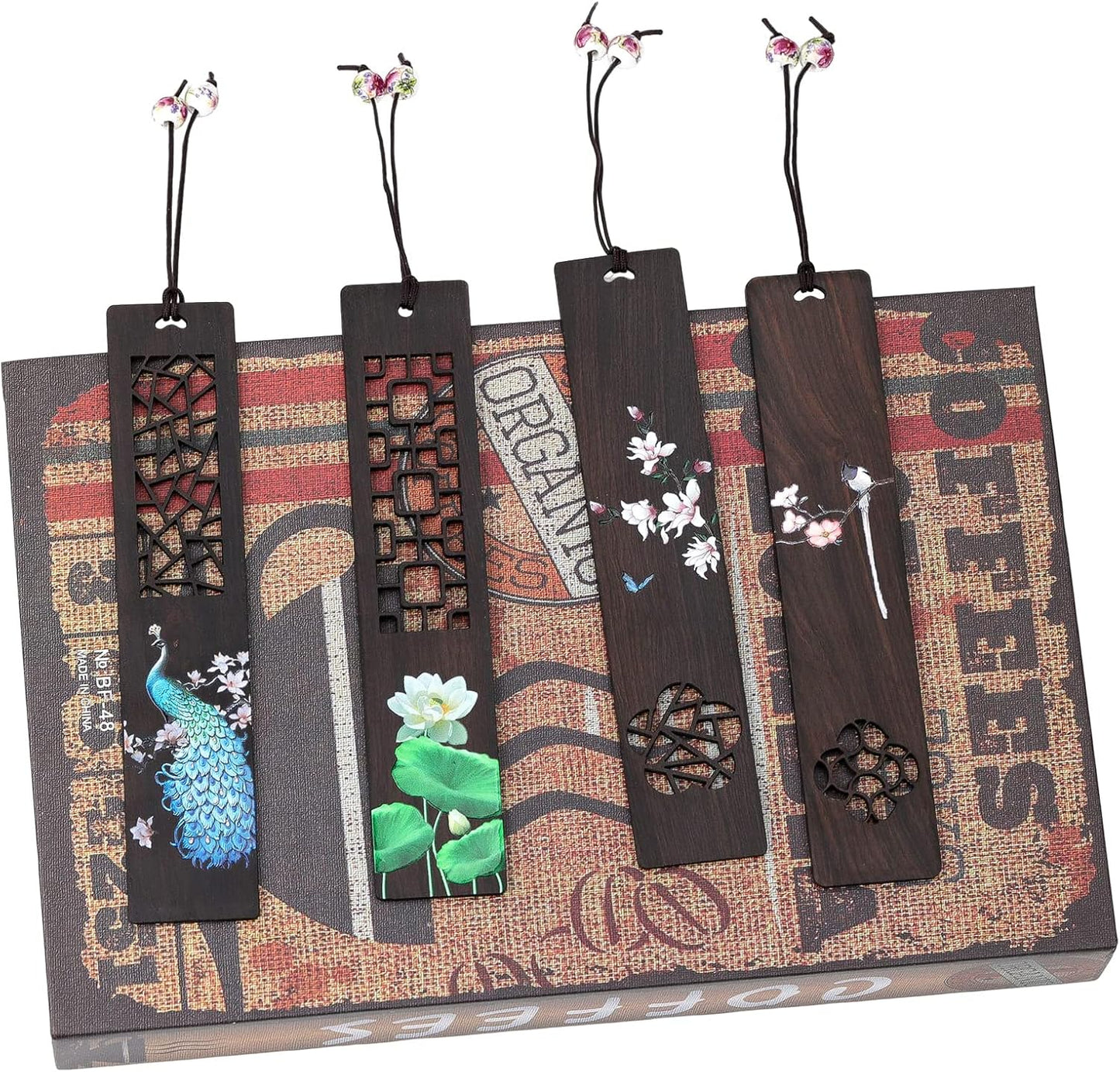 ZIZZON Wooden Bookmark for Men Women, Handmade Natural Wood Carving, Hollow Out and Painted Craft, Ideal Gifts for Men Women Friends Girls Teachers, Birthday Present (Peacock and Lotus)