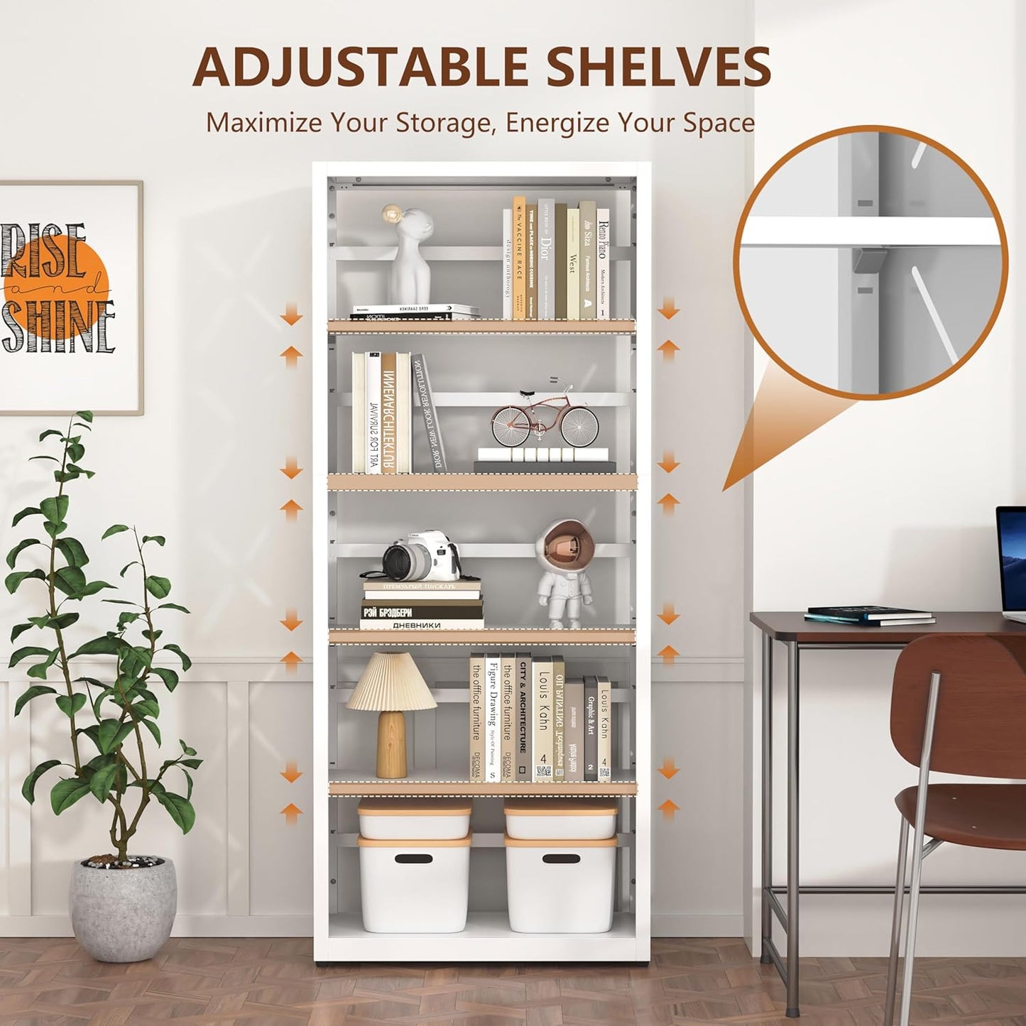 Bookshelf, 5 Tier Metal Bookcase with Adjustable Shelves, Tall White Book Shelf with Bookends, White Display Shelves for Living Room, Home Office, Library