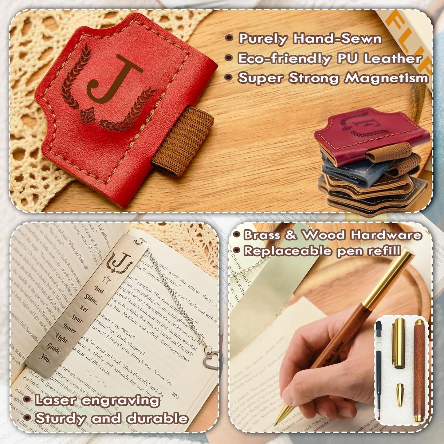 3Pcs Personalized Magnetic Leather Bookmark with Pen Holder Include Custom Metal Book Marks & Wooden Pen, Customized Book Markers Gift for Book Lover Readers Women & Men Book Accessories(Blue,C)