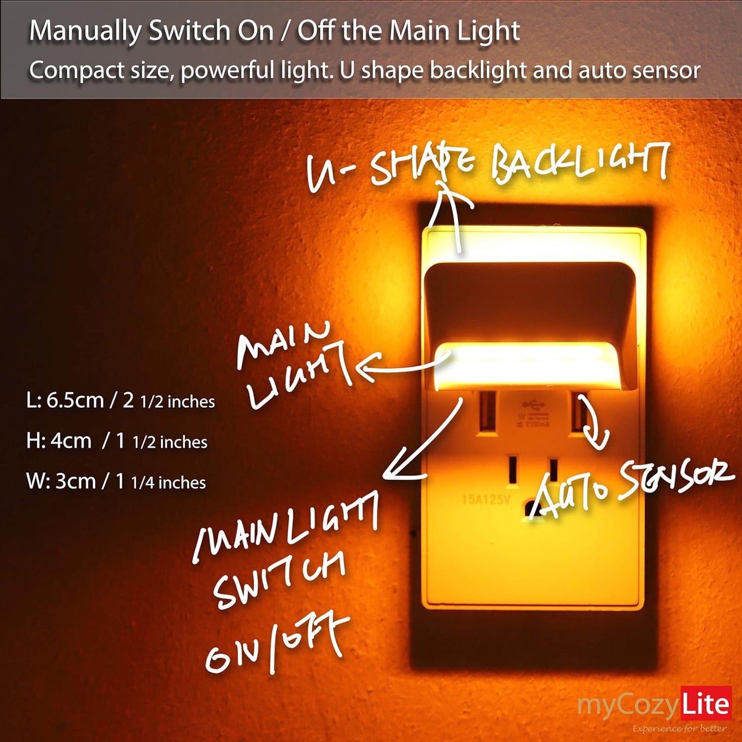 myCozyLite Amber Night Light Plug in, Dual Light Modes Adjustable, Dusk to Dawn Sensor, Automatic ON Off, 2 Pack Night Lights Plug into Wall for Bedroom, Bathroom, Kitchen, Hallway, Stairway