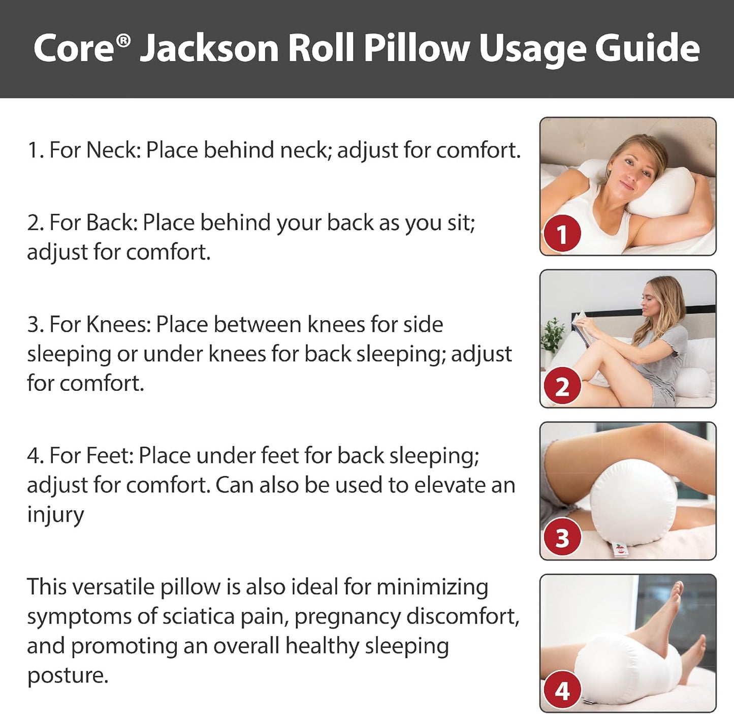 Core Products Jackson Roll Orthopedic Bolster Pillow - Neck, Back, Leg, Knee & Arm Support – Cervical & Lumbar Roll for Pain Relief, Spinal Alignment & Travel Comfort for Bed or Chair