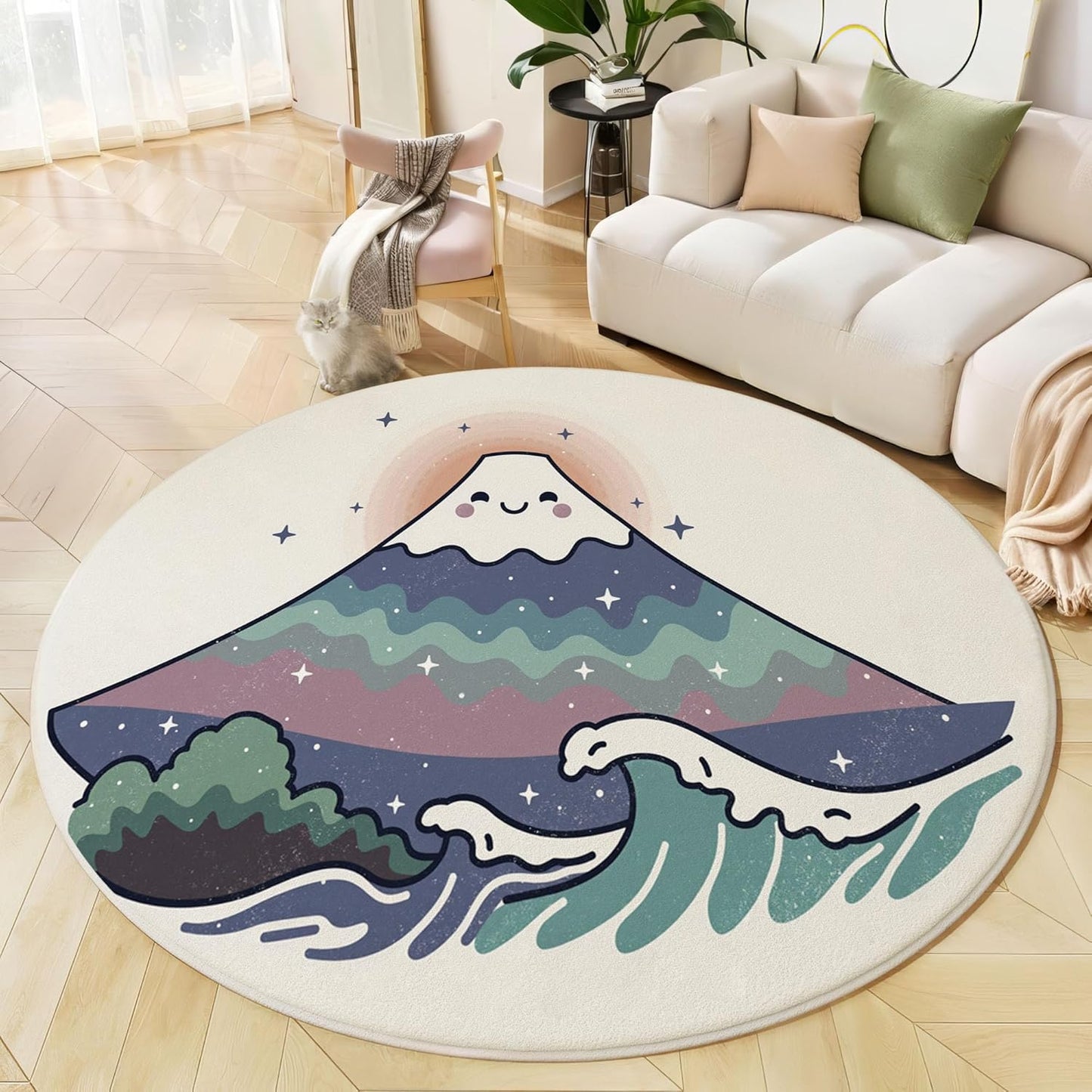 Washable Cute Smiley Face Mount Fuji Area Rug, 5Ft Round Rugs for Living Room Soft Carpet for Bedroom Cartoon Waves Indoor Stain Resistant Non-Shedding Floor Carpet, Beige Blue, 5Ft-Round