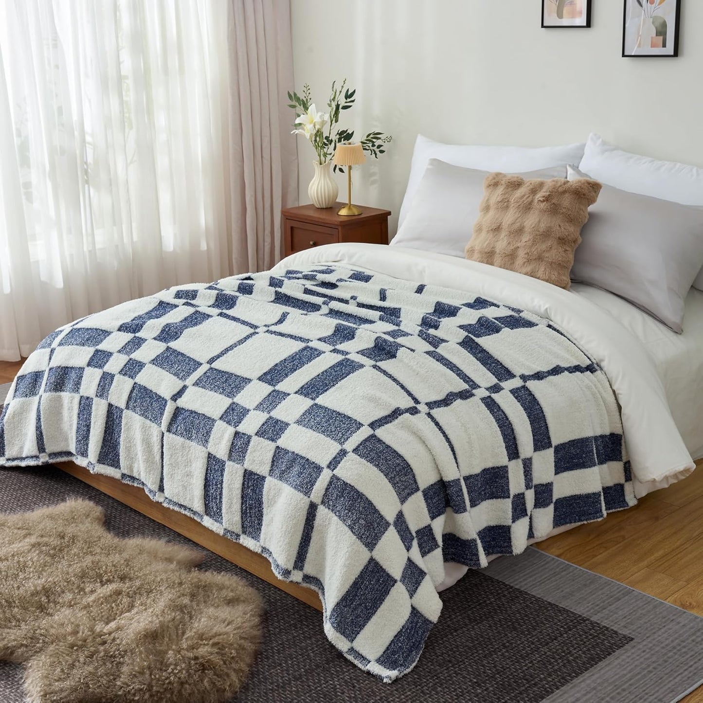 Winter Plaid Throw Blanket Fluffy Fuzzy Soft Lightweight Cozy Farmhouse Tassels Checkered Knitted Throws for Couch Sofa Bed (Navy Blue, 60"x80")
