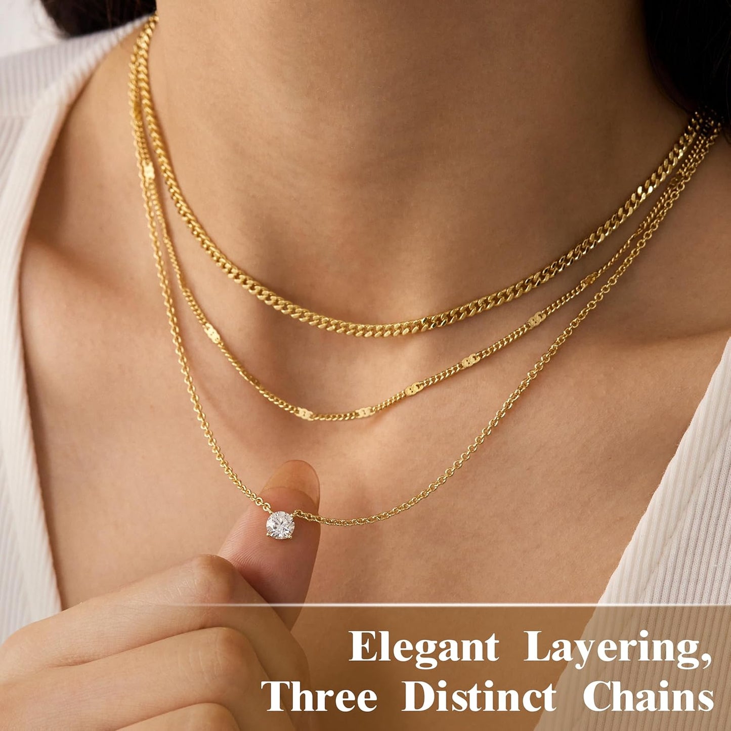 WomenGifts Layered Gold Necklaces for Women, 14K Gold Sterling Silver Plated Dainty Pendant Necklace Set with Cubic Zirconia Circle, Chunky Stackable Cuban Chain Choker, Trendy Personalized Birthstone Jewelry Gift Non Tarnish