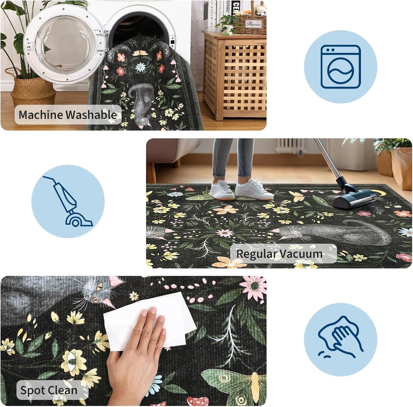 GarveeHome Round Area Rugs 5ft for Bedroom, Cat Black Washable Circle Rug Soft Non Slip Mushroom Floral Floor Mat Carpet Indoor Thin Rug for Bedroom Dining Room Playroom Nursery Gothic Decor