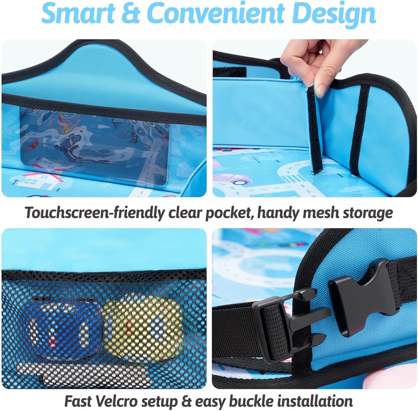 OUOZZZ Kids Travel Tray for Car - Boy's Safety Seat Table, Toddler Road Trip Essentials - Carseat/Airplane Lap Desk with Weight-Relief Strap, Non-Skid Silicone Base, Waterproof Dining/Craft Mat