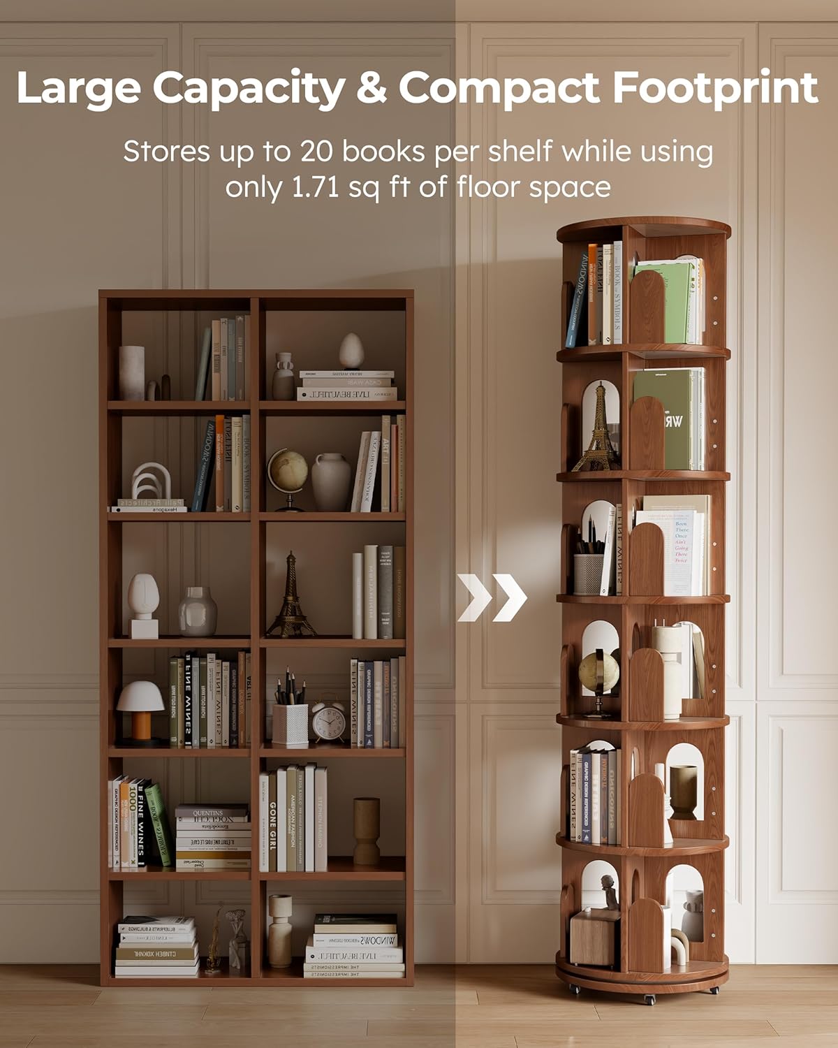Solid Wood Rotating Bookshelf Tower, 6 Tier Corner Bookshelf with Bookends, Kids Spinning Book Shelf with Wheels, Revolving Bookcase Shelf, Tall Narrow Bookshelves for Small Spaces, Walnut