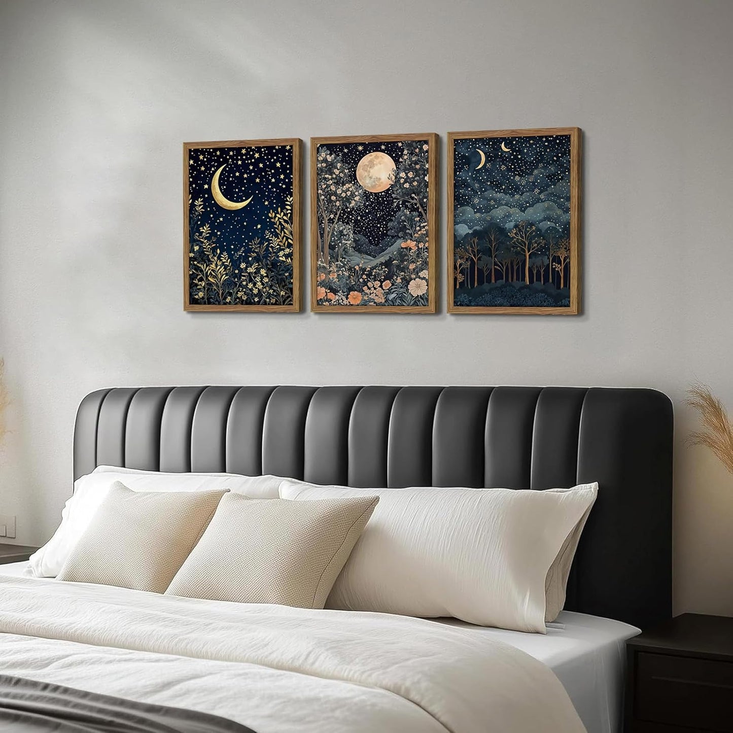 Framed Vintage Botanical Wall Art Set of 3, Nature Moon Night Sky Floral Canvas Prints, Forest Scenery Picture Painting, William Morris Farmhouse Wall Decor for Living Room Bedroom 16x24 inch