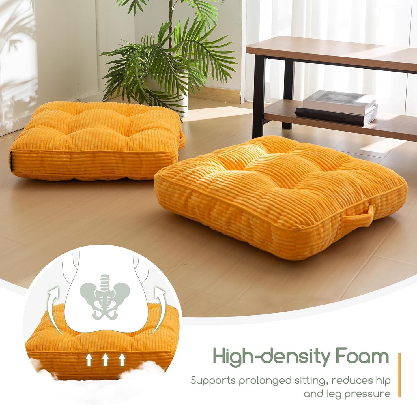 HIGOGOGO Floor Pillow Cushion for Adults, Meditation Cushion Pillow, Large Square Floor Sitting, Tufted Corduroy Cover, for Tatami Living Room or Yoga, 22x22 Inch, Orange