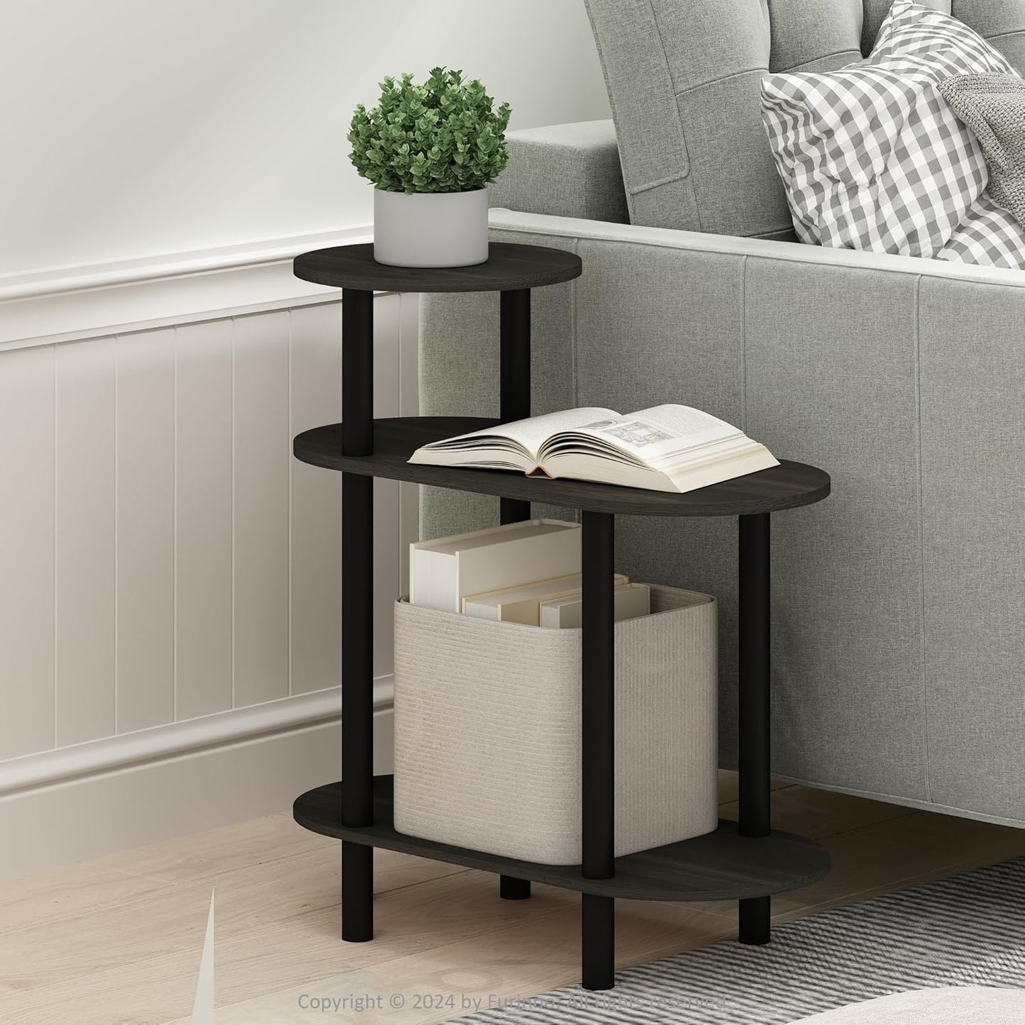Furinno Turn-N-Tube Side Table, 3-Tier Oval Sofa End Table with Open Shelf, Toolless Assembly Night Stand, Bedside Table, for Living Room, Bedroom, Dark Espresso