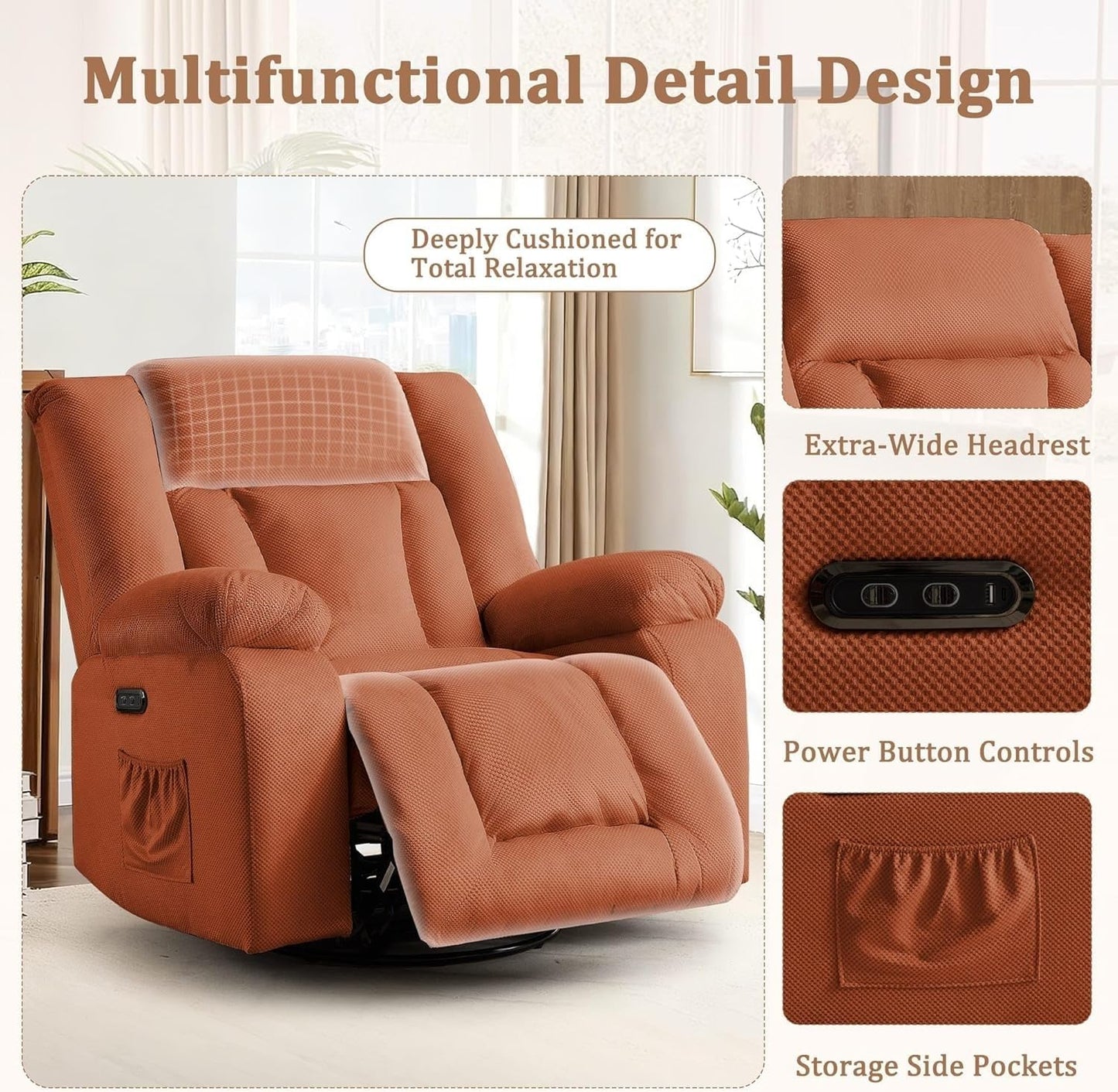Swivel Rocking Chair with Heat and Massage Modern Electric Rocker Recliner Chairs with Extra Wide Fabric for Living Room Bedroom Meeting Home Theater