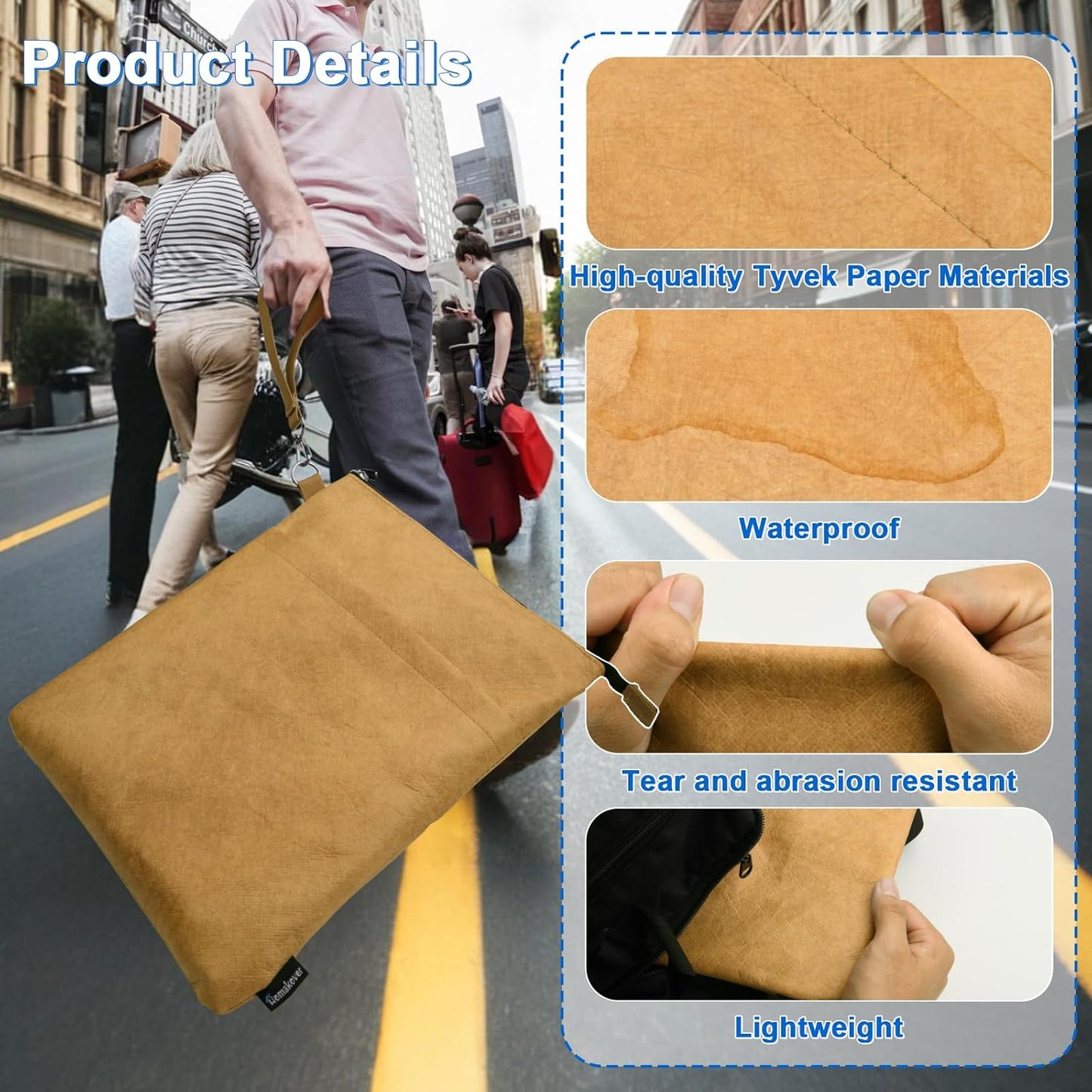 Book Sleeves with Zipper, Travel Book Waterproof Protector Pouch for Hardcover Books, Book Covers Bags Carry Case/Front Pocket & Handle Strap for Book Lovers Mother's Day Readers, Tyvek Paper, 2 Pcs