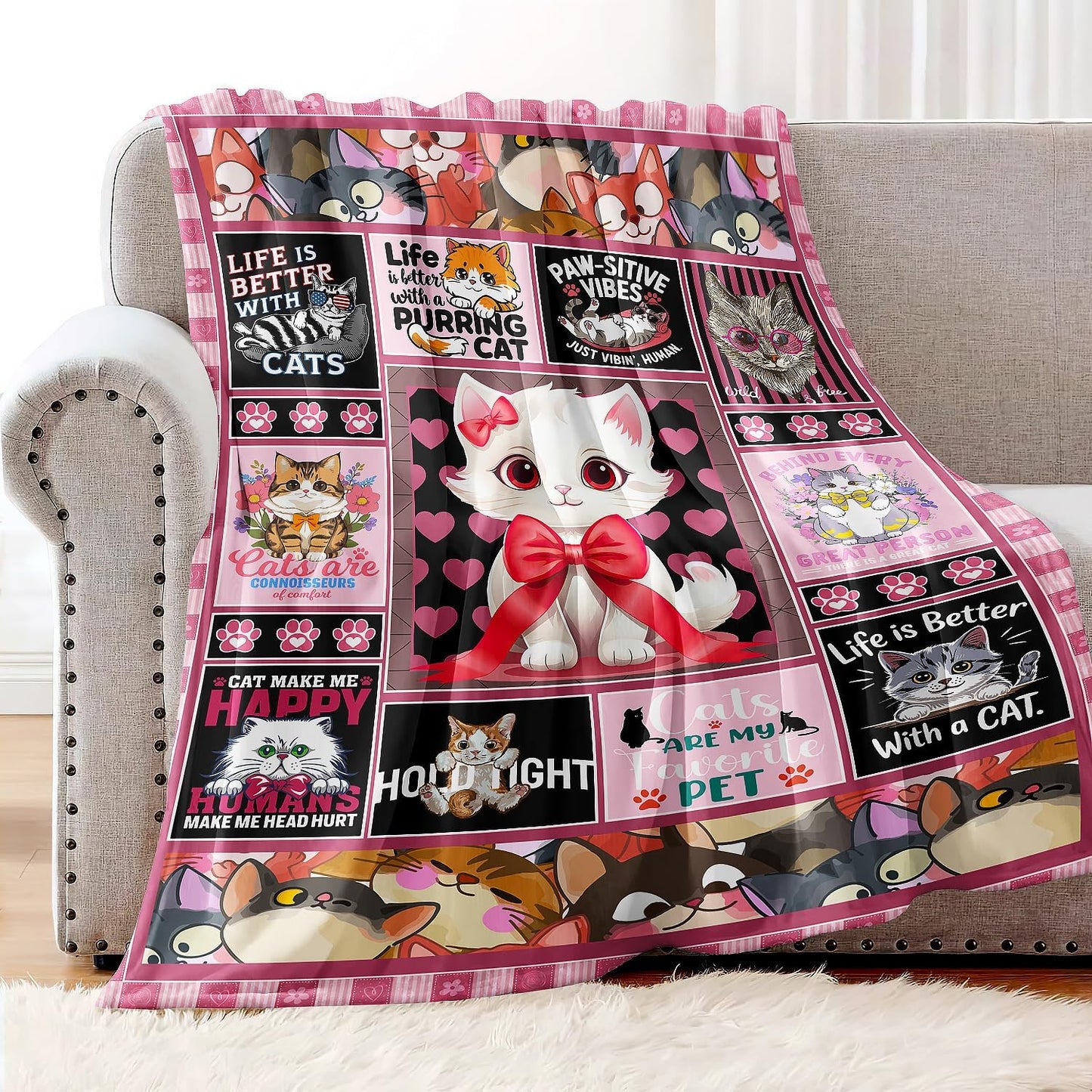 Cat Throw Blanket, Cute Kitten Quotes Collage, Soft Cozy Fleece Blanket for Couch Bed, 60 x 80 Inches