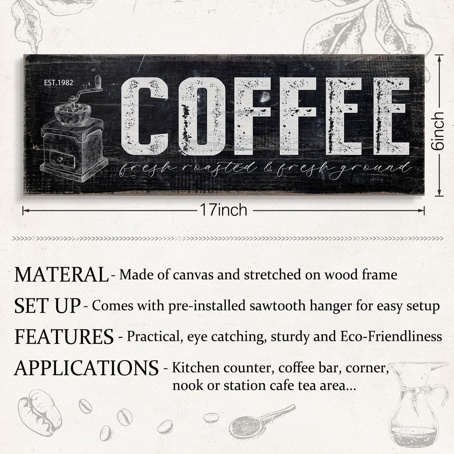 Distressed Coffee Bar Plaque Sign for Kitchen Station Fresh Roasted & Fresh Grind Black and White Canvas Wall Art for Home Cafe Corner Pantry Countertop Decorations 6"x17"