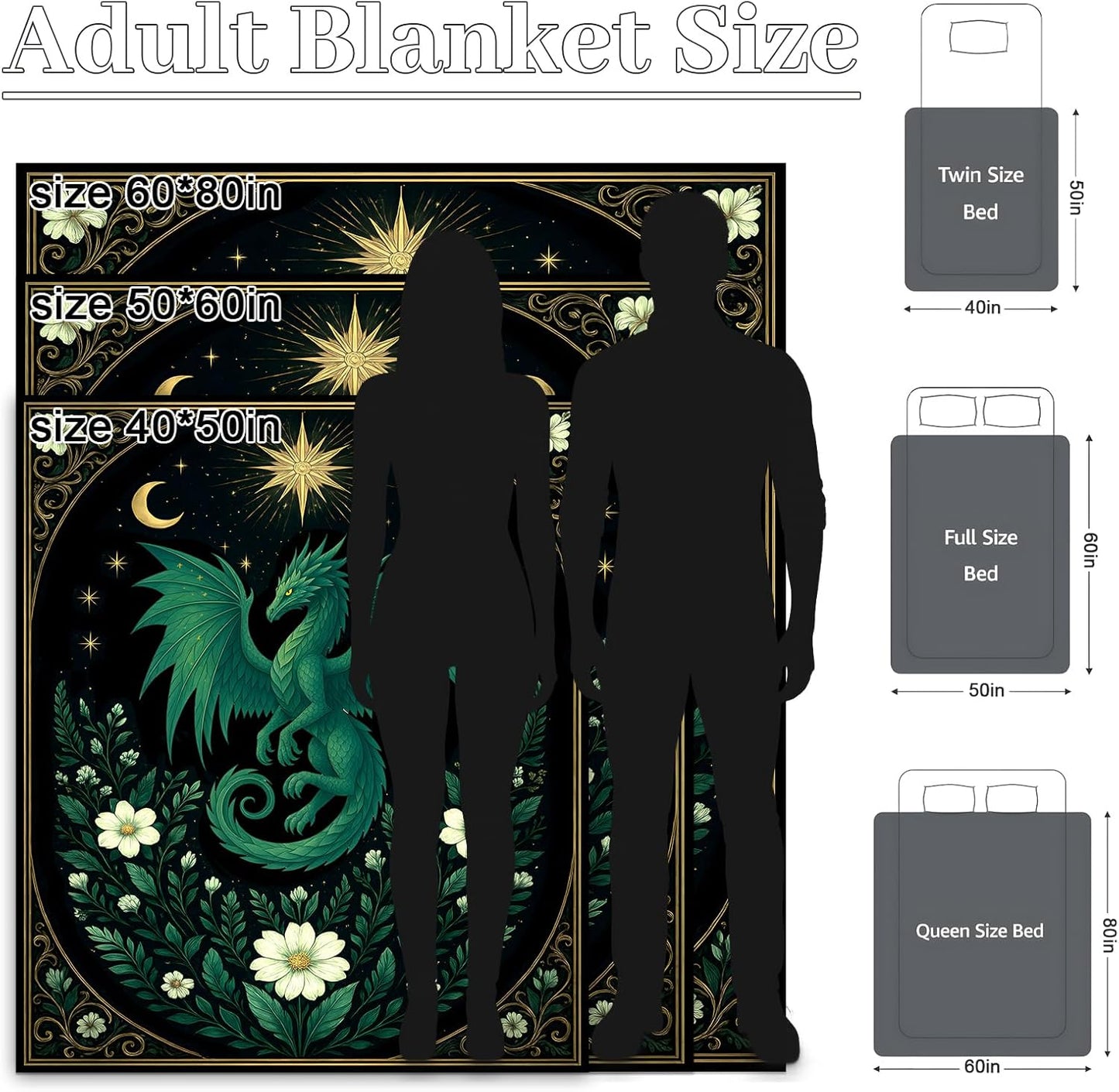 Fantasy Dragon Flannel Throw Blanket 50x60 Inch, Winged Green Animal and Botanical Blankets, Mystical Elegant Home Decor for Bed Couch Tent Travel, Thoughtful Gifts for Mythic Art Lovers