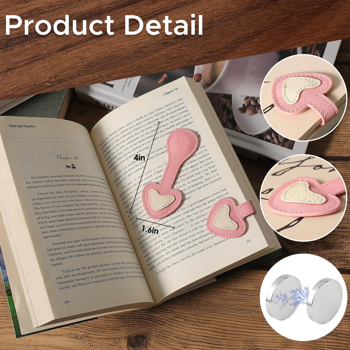 2Pcs Magnetic Leather Bookmark Cat, Heart Magnetic Pen Holder Book Marks Clip Gift for Cat Lover Magnet Page Clips for Women Men Reader Teachers Book Lovers Writer