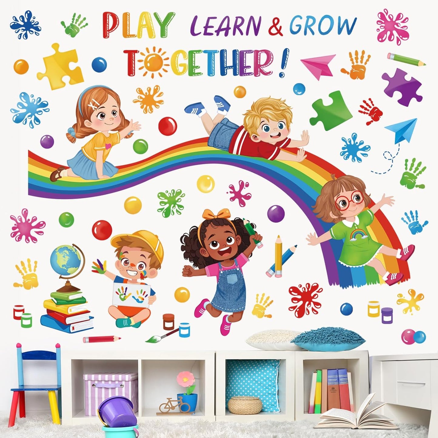 wondever Reading Corner Rainbow Wall Stickers Kids Inspirational Quotes Handprint Peel and Stick Wall Art Decals for Kids Room Reading Room Classroom