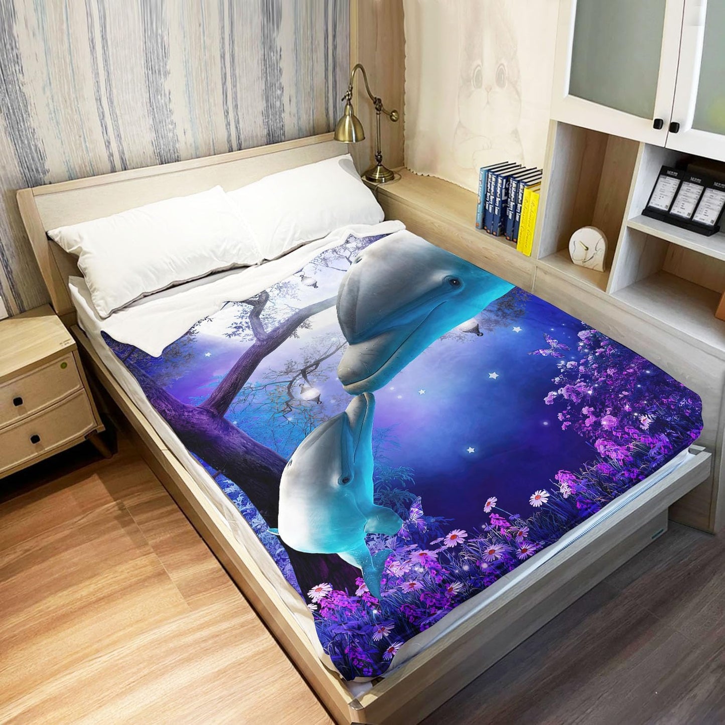 SXCHEN - Soft Fleece Blanket, 100% Microfiber, Polyester, Late Night Forest Blue Whale 2 Dolphins, 60x80 inch, Machine Wash