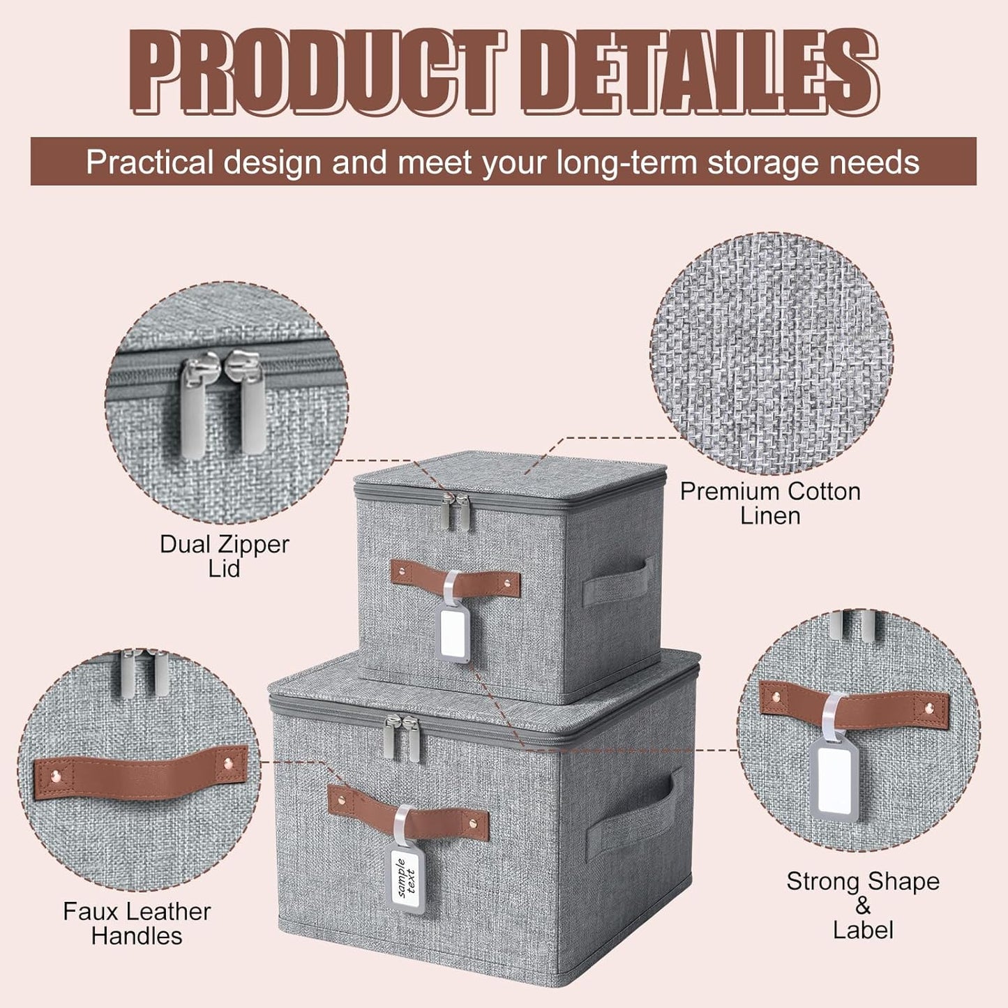 6 Pack Fabric Closet Storage Bins with Zipper Lids and Label, 10×8×7In Large Size Foldable Cotton Linen Storage Cubes Boxes with PU Leather Handles Holders for Bedroom, Shelf, Nursery, Gray