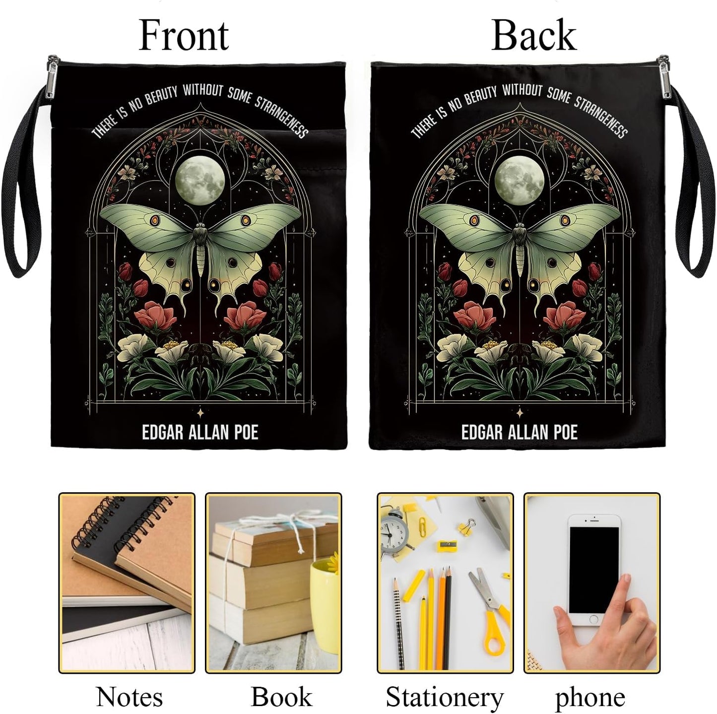 Vintage Floral Butterfly Book Cover, Waterproof Book Sleeve with Zippered Front Pocket Retro Flowers Book Pouch for Book Lovers, Christmas, Birthday, Graduation Gifts (Black-Butterfly, Large)