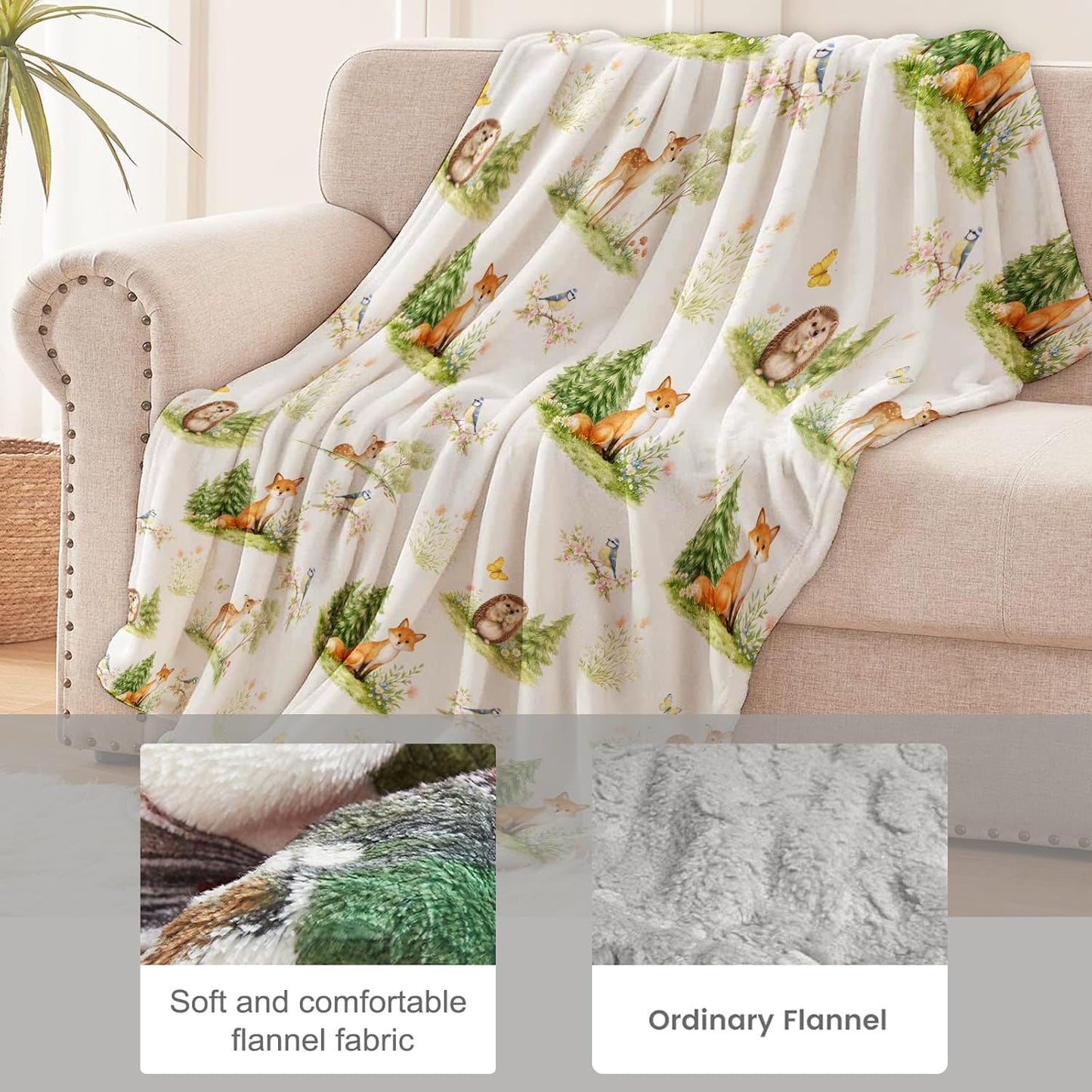 Woodland Animal Blanket for Nature and Animal Lovers, Fox Deer Bird Hedgehog Flannel Blankets, Forest Gifts, Soft Warm Cozy Throws for Sofa Couch Bed Living Room Bedroom Home Decor 60" x 50"
