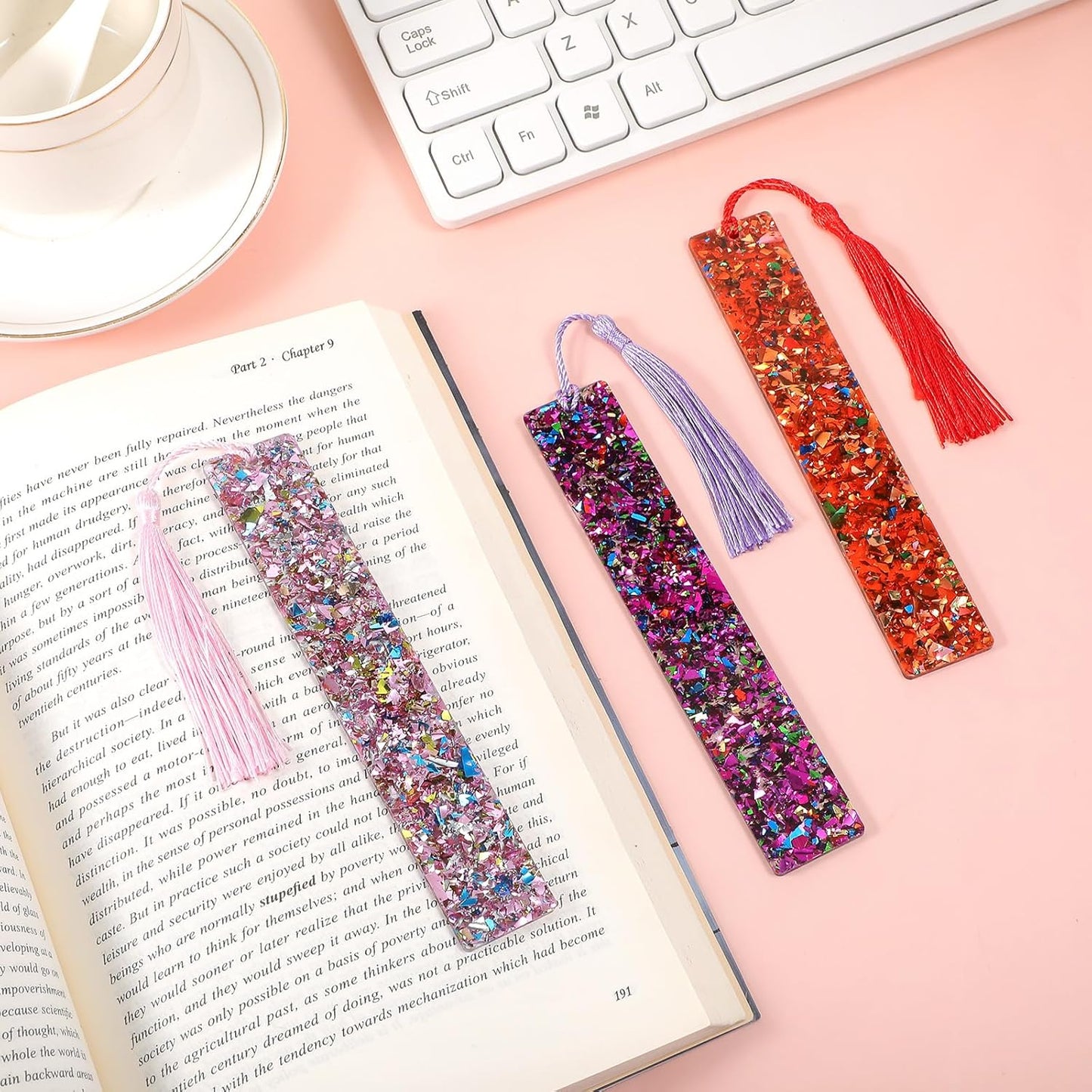 3PCS Glittering Bookmarks, Glitter Acrylic Bookmarks Transparent Glitter with Colorful Silk Tassels for Women Girls Reading Gifts