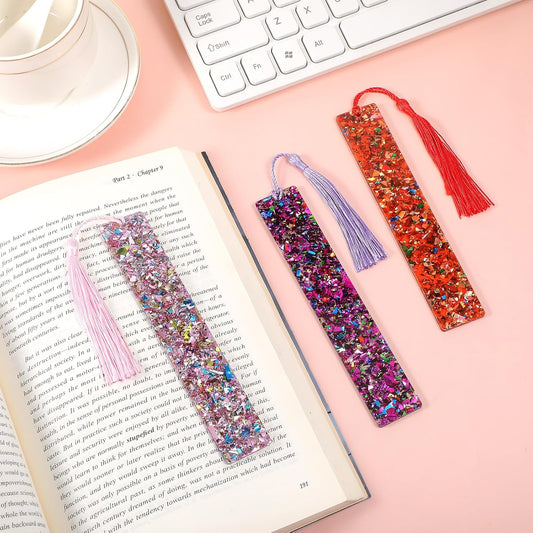 3PCS Glittering Bookmarks, Glitter Acrylic Bookmarks Transparent Glitter with Colorful Silk Tassels for Women Girls Reading Gifts