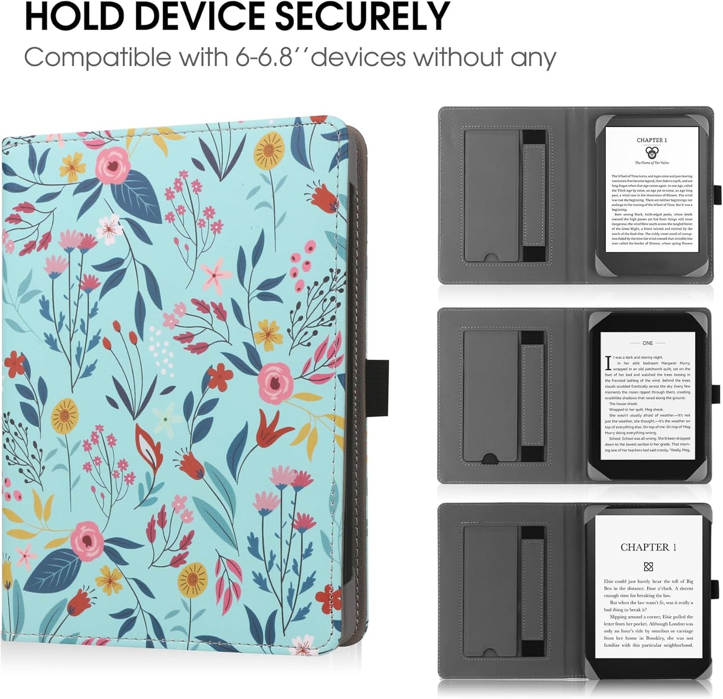Universal Case for 6" eReaders, Folio Leather Stand Cover with Handstrap Compatible with All 6 inch Paperwhite/Kobo/Tolino/Pocketook E-Book Reader-Spring Bloom