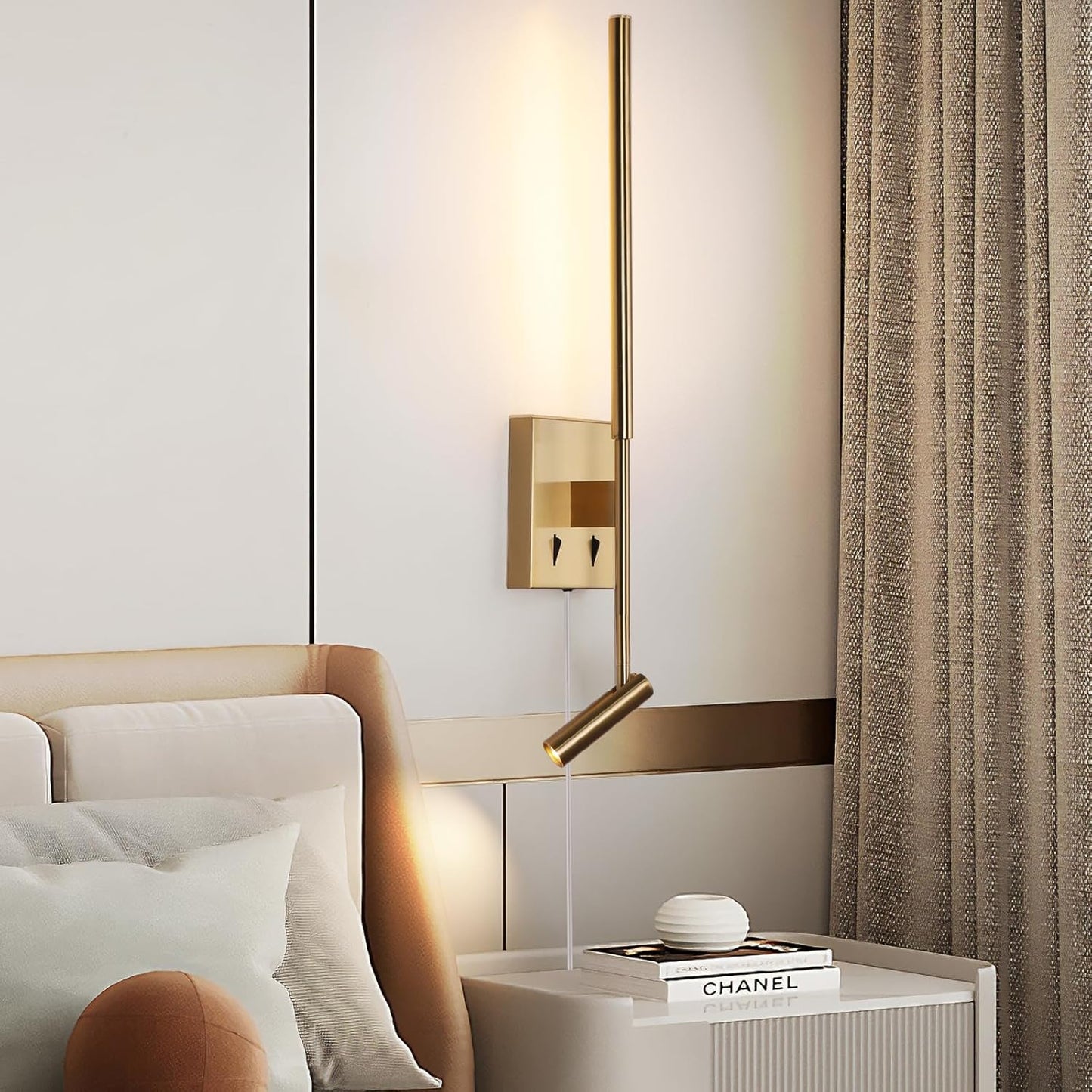 Modern Plug in Wall Sconce Indoor Ambient Lighting for Bedroom, Gold LED Wall Mounted Reading Lamp with Switch, Corded Minimalist Linear Wall Light with 5.9FT Clear Cord for Living Room Corner Hallway