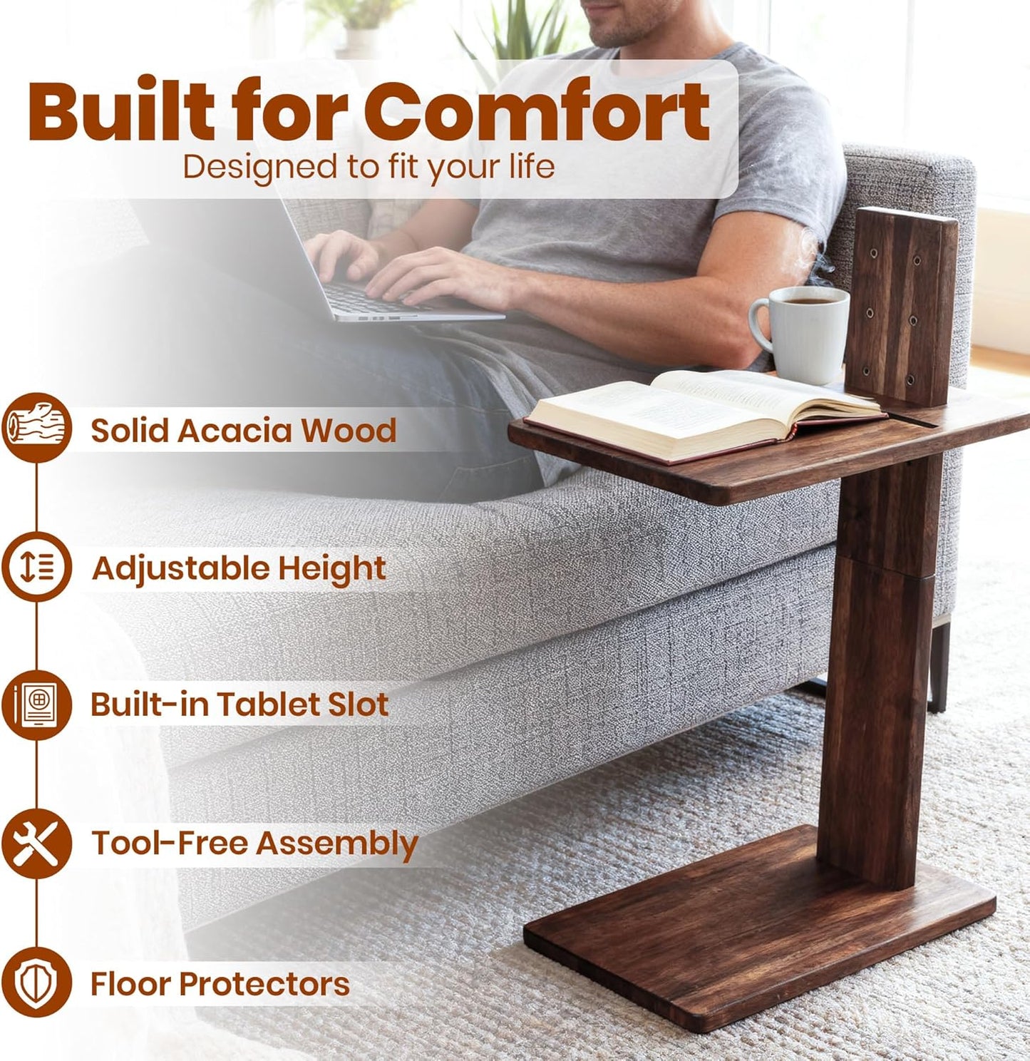 C Table, Premium Solid Acacia Wood, Adjustble Hight and Tablet Holder, Side Tabel for Sofa and Bad