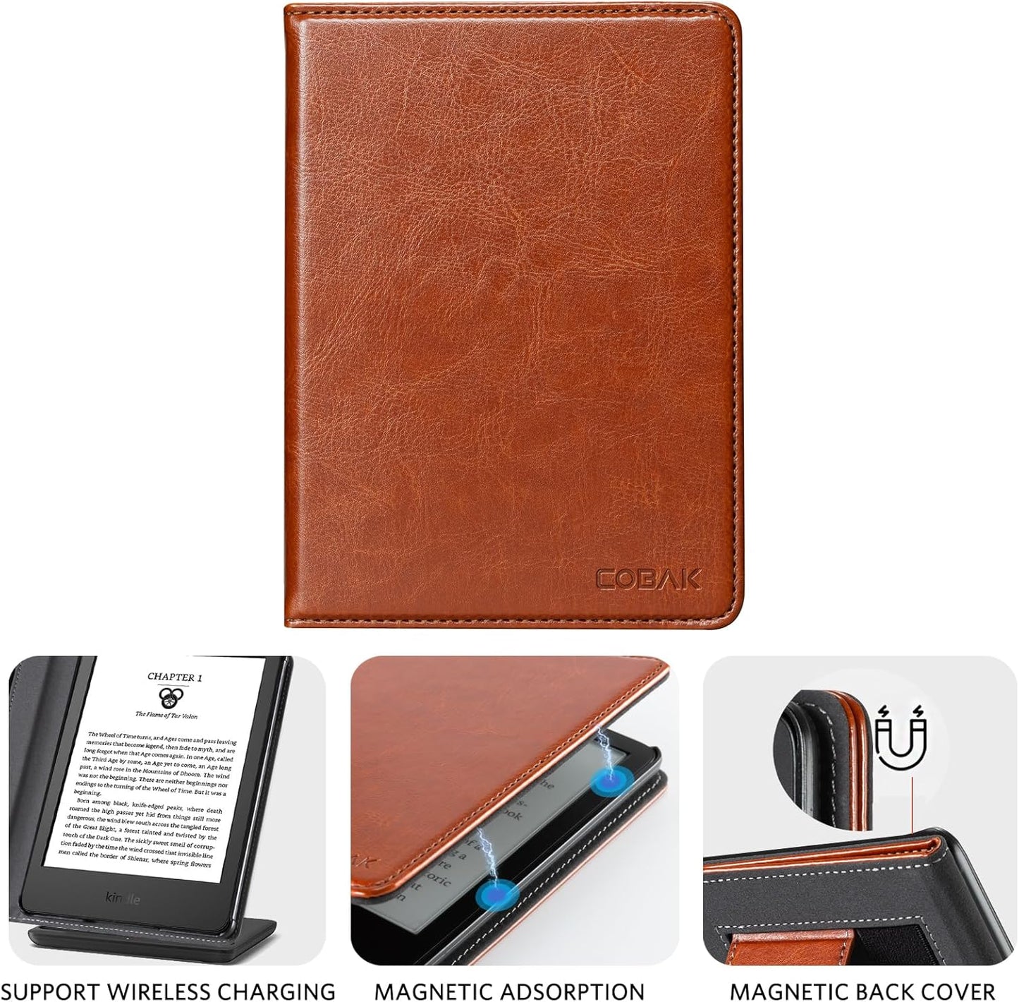 CoBak Case for 6" E-Reader - PU Leather Smart Cover with Auto Sleep/Wake & Hand Strap, not Compatible with Kobo Clara,Brown