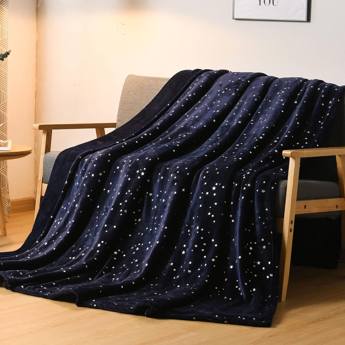 NANPIPER Fleece Blankets King Size Star Foil Print,Luxury Cozy Microfiber Blanket,Super Soft Flannel Fuzzy Blanket,Navy Blue