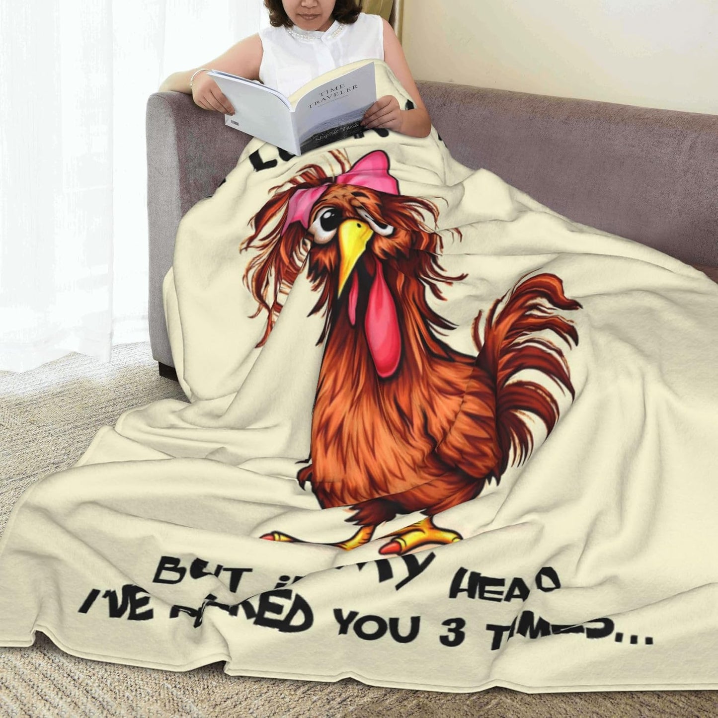 Funny Chicken Blanket, for Women, Cool Unusual Dark Humor Gifts for Chicken Lovers Sister Coworker Mom, White Elephant Gift, Super Soft Flannel Throw Blanket, 60" L x 50" W