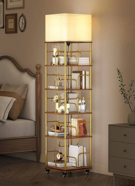 Rotating Bookshelf with Light, Wood Revolving Bookshelf Tower with Wheels, Small Floor Standing Book Organizer, 360 Display Corner for Small Space, 5-Tier