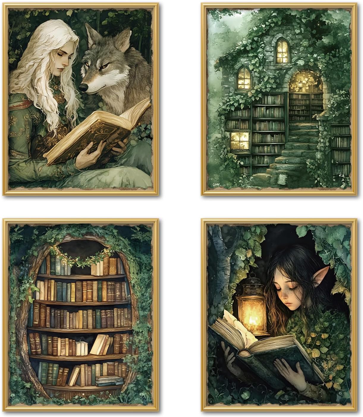 OCFMUHFP Vintage Reading Fairy Wall Art Posters Set of 4, Fantasy Reading Nook Corner Room Decor, Forest Green Bookish Prints Artwork for Library Book Store Club Wall Decor 8x10 Unframed