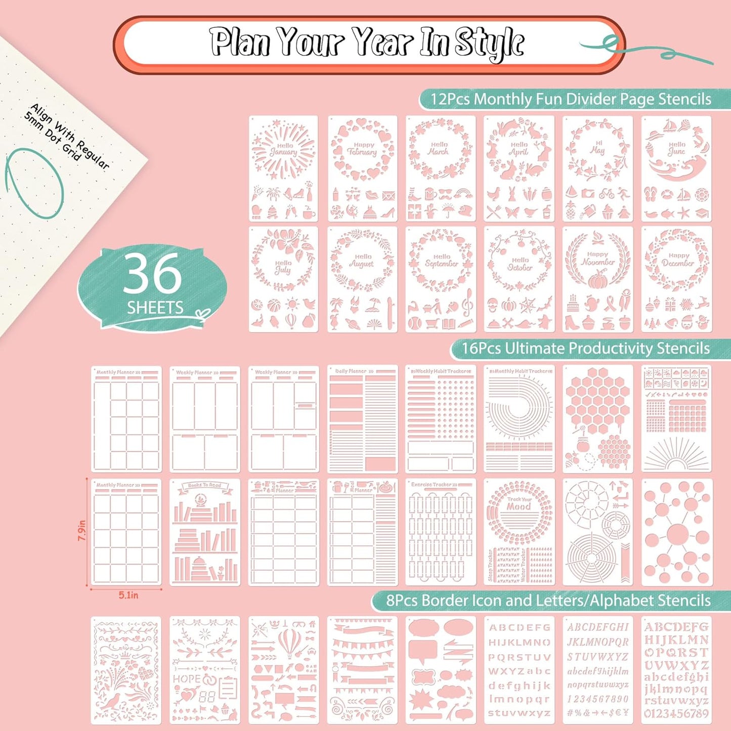 Bullet Journal Stencils (36PCS), Journal Supplies Accessories Kit for Bullet Journaling & Planner