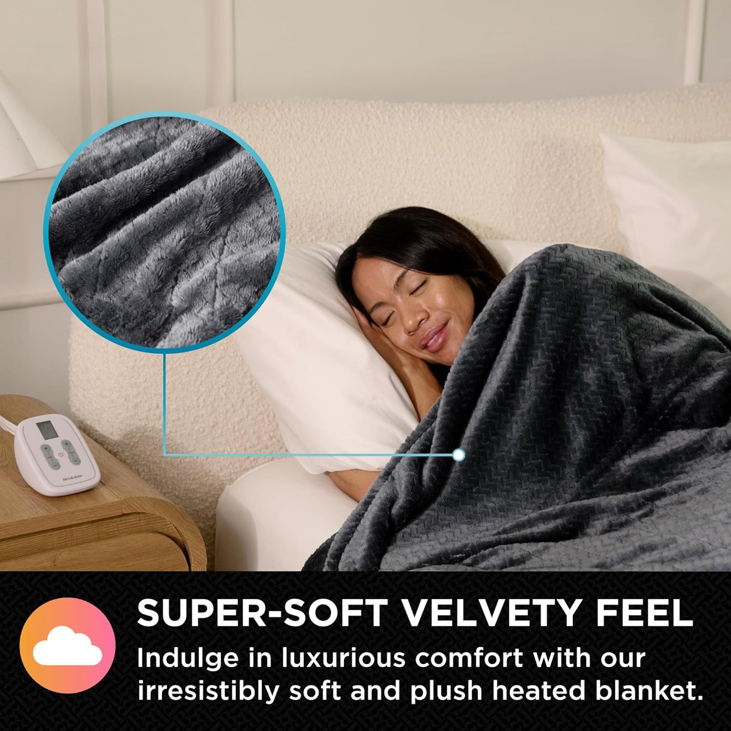 Brookstone Electric Heated Comfort Plush Herringbone Blanket w/ 10 Heat Settings - Adjustable Timer - Dryer Safe - Twin Blanket - Gray