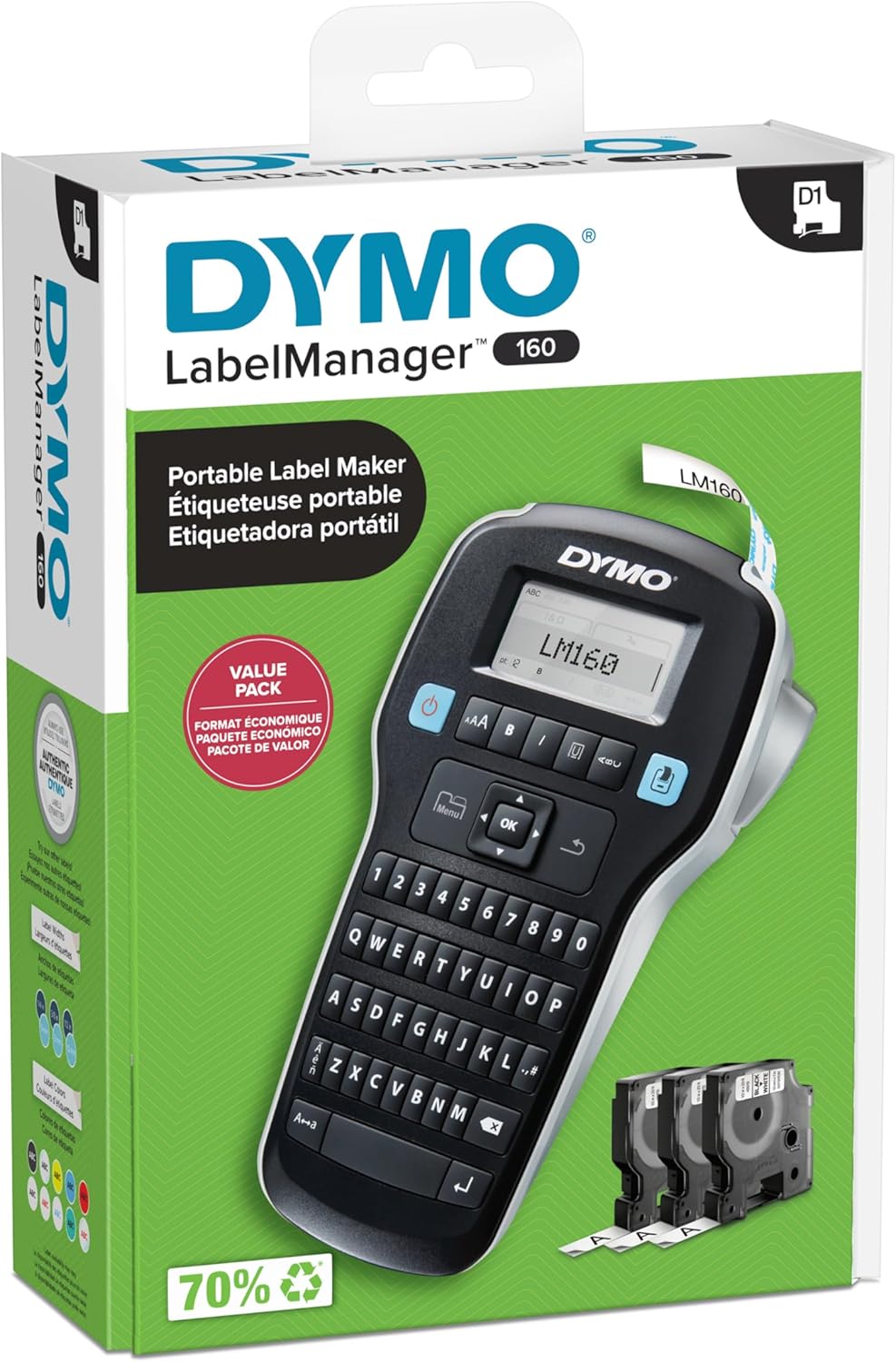 DYMO LabelManager 160 Portable Label Maker Bundle, Easy-to-Use, One-Touch Smart Keys, QWERTY Keyboard, Large Display, For Home & Office Organization, Includes 3 D1 label cassettes