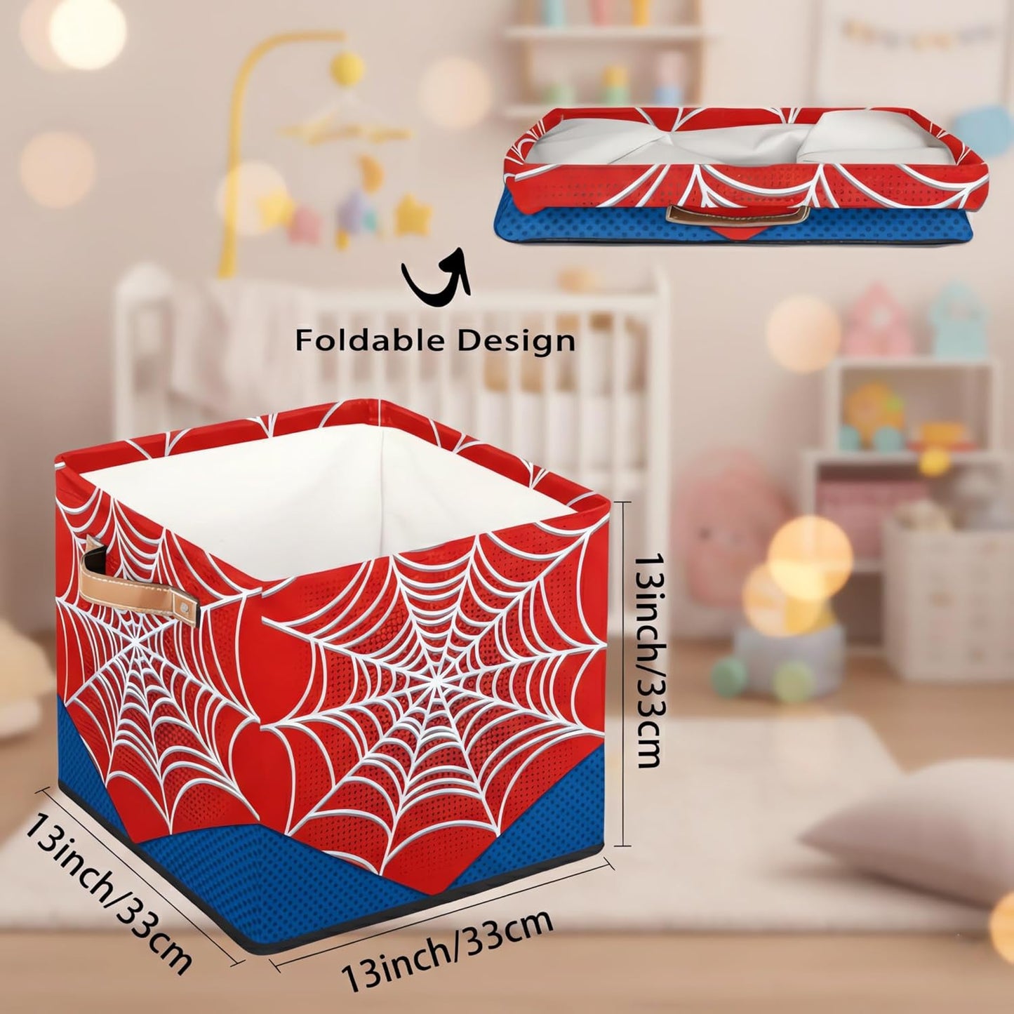 Red Spider Web Storage Cubes Bins, 13 Inch Collapsible Fabric Organizer Baskets Box with Leather Handles for Kids Toys Blanket Clothes, Home Nursery Bedroom Decor