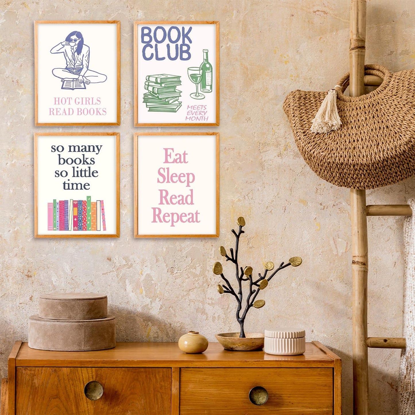 VIIJJUE Book Club Wall Art Decorations Prints Set of 4, Reading Gifts for Women, Book Lover Wall Decor for Home Reading Room Corner Nook Library, 8x10 Inches Unframed