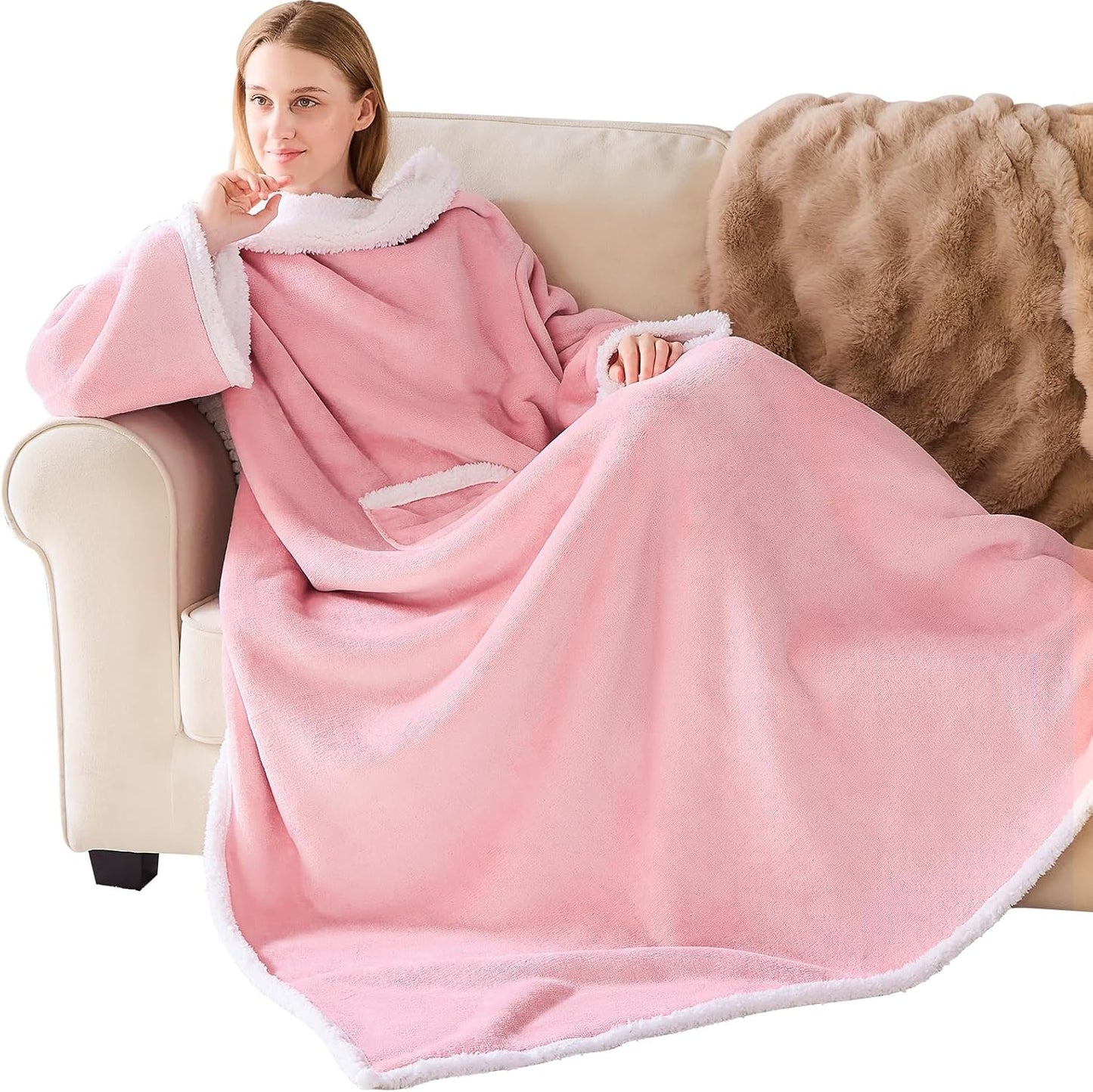 IFNOW Sherpa Wearable Blanket with Sleeves for Women Men Adults, Christmas Birthday Gifts for Women Mom Wife, Cozy Wearable Blanket with Arm and Pocket, Warm Full Body TV Wrap Throw Blanket, Pink