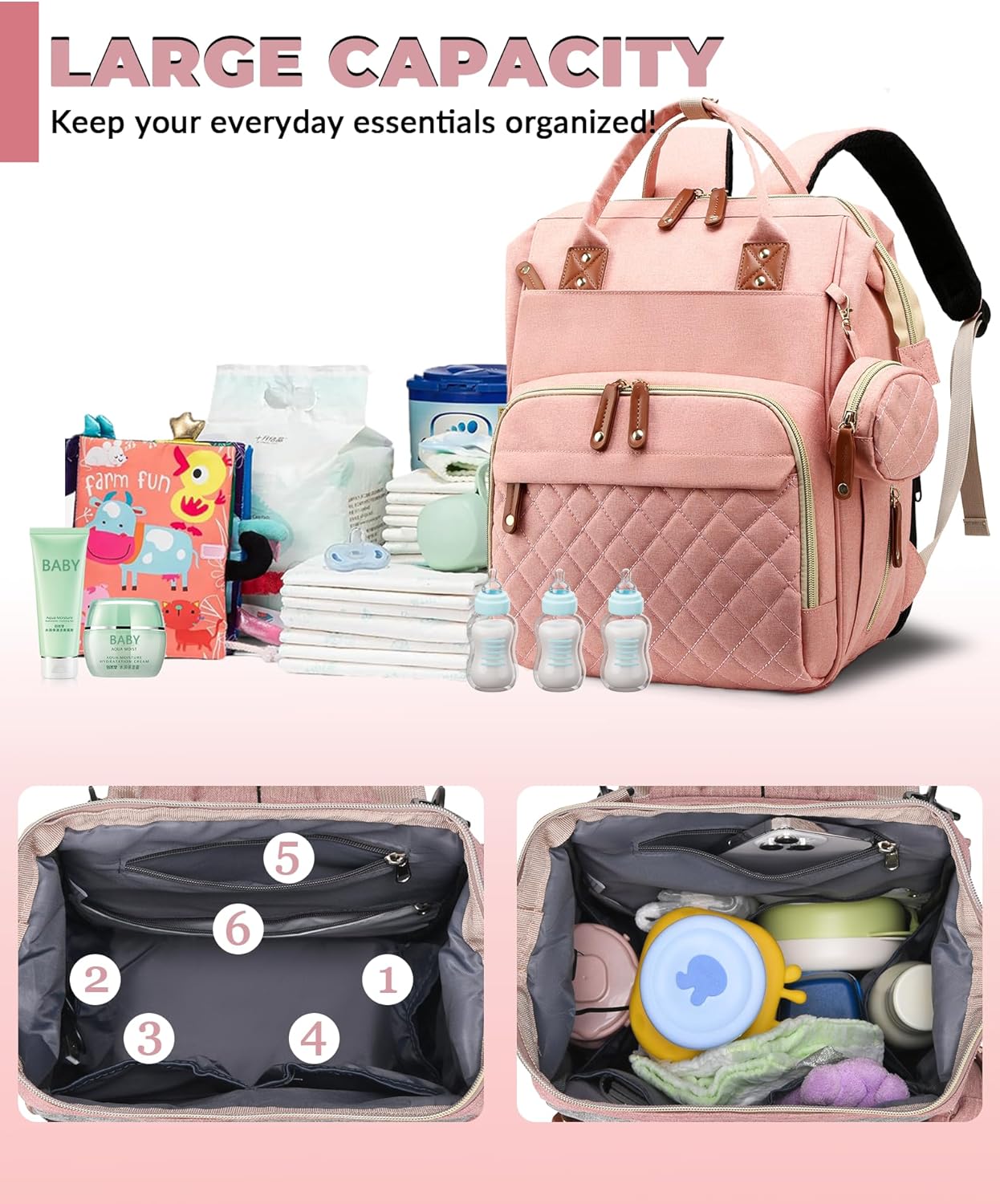 Diaper Bag with Changing Station, Waterproof 3 in 1 Baby Diaper Backpack with Foldable Changing Pad, Large Travel Back Pack for Baby Girl Boy, Peach Pink