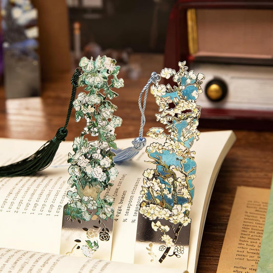 2 Pcs Metal Bookmarks with Tassel, Sliver Hollow Bookmark Van Gogh Oil Painting Theme Bookmark Art Bookmarks for Book Lovers Writers Readers Children Teens Men Women Adults (Blossoms+ Rose)