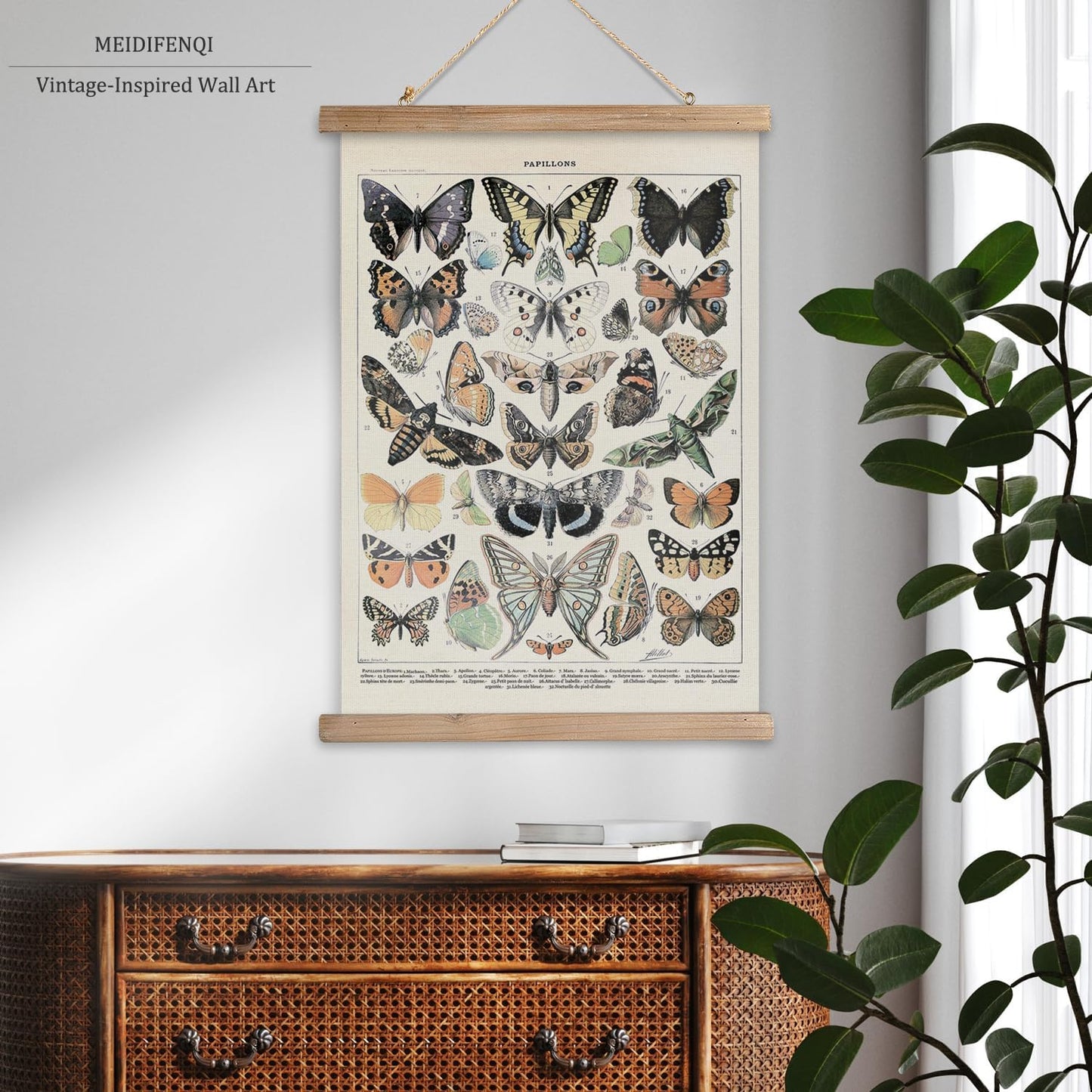 MIDEFINCH Vintage Butterfly Wall Art Poster with Wooden Frame - Natural History Illustration, Papillons Canvas Print, Retro Home Decor for Living Room, Bedroom, Office, 20x30 Inch