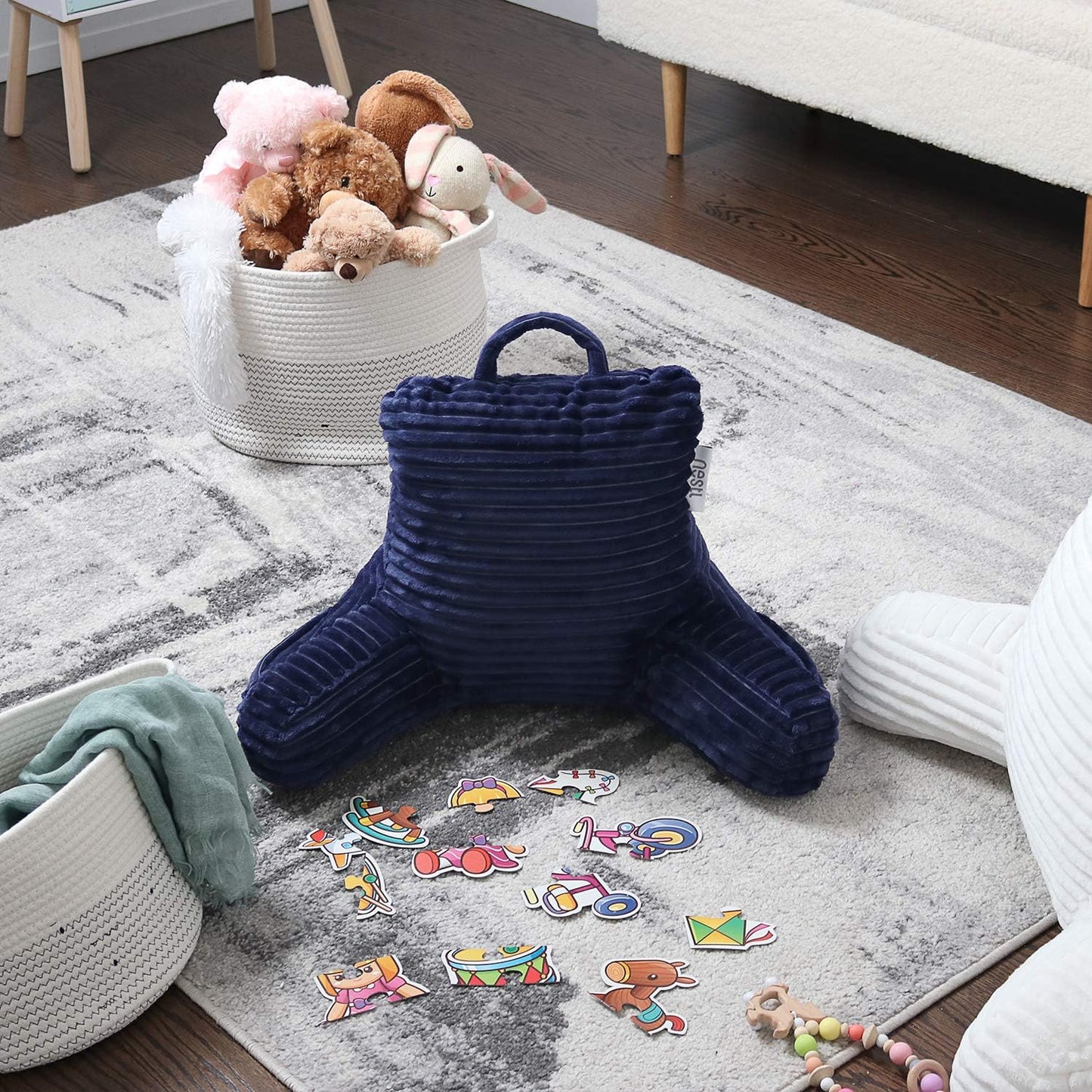 Nestl Reading Pillow for Kids & Teens with Shredded Memory Foam, Luxe Cut Plush Backrest Pillows for Reading and Gaming, for use on Couch, Bed, Floor, Adjustable Support with Washable Cover Navy Blue
